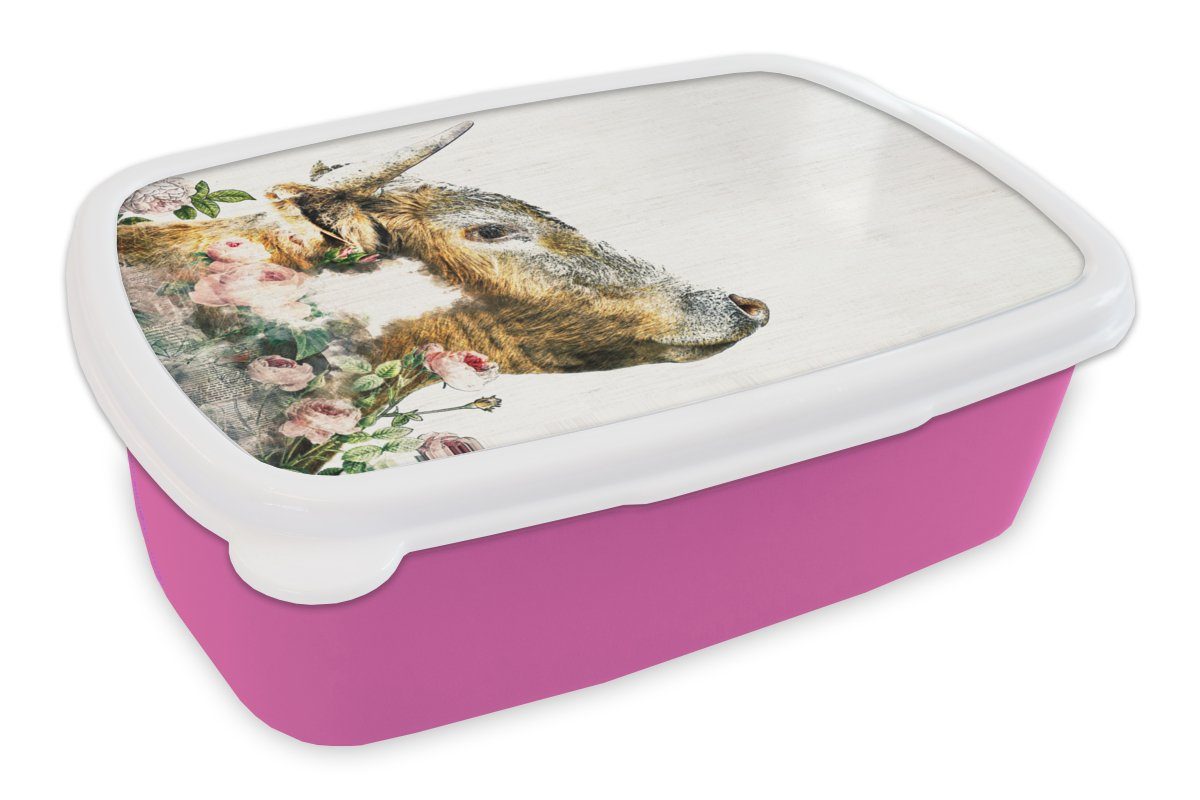 MuchoWow Lunchbox Schottischer Highlander - Kuh - Rosen - Rosa, Kunststoff, (2-tlg), Brotbox für Erwachsene, Brotdose Kinder, Snackbox, Mädchen, Kunststoff | Lunchboxen