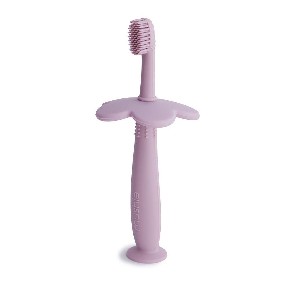 Mushie Lernzahnbürste Trainingszahnbürste Blume Soft Lilac, Kinderzahnbürste mit Saugnapf Babyzahnbürste