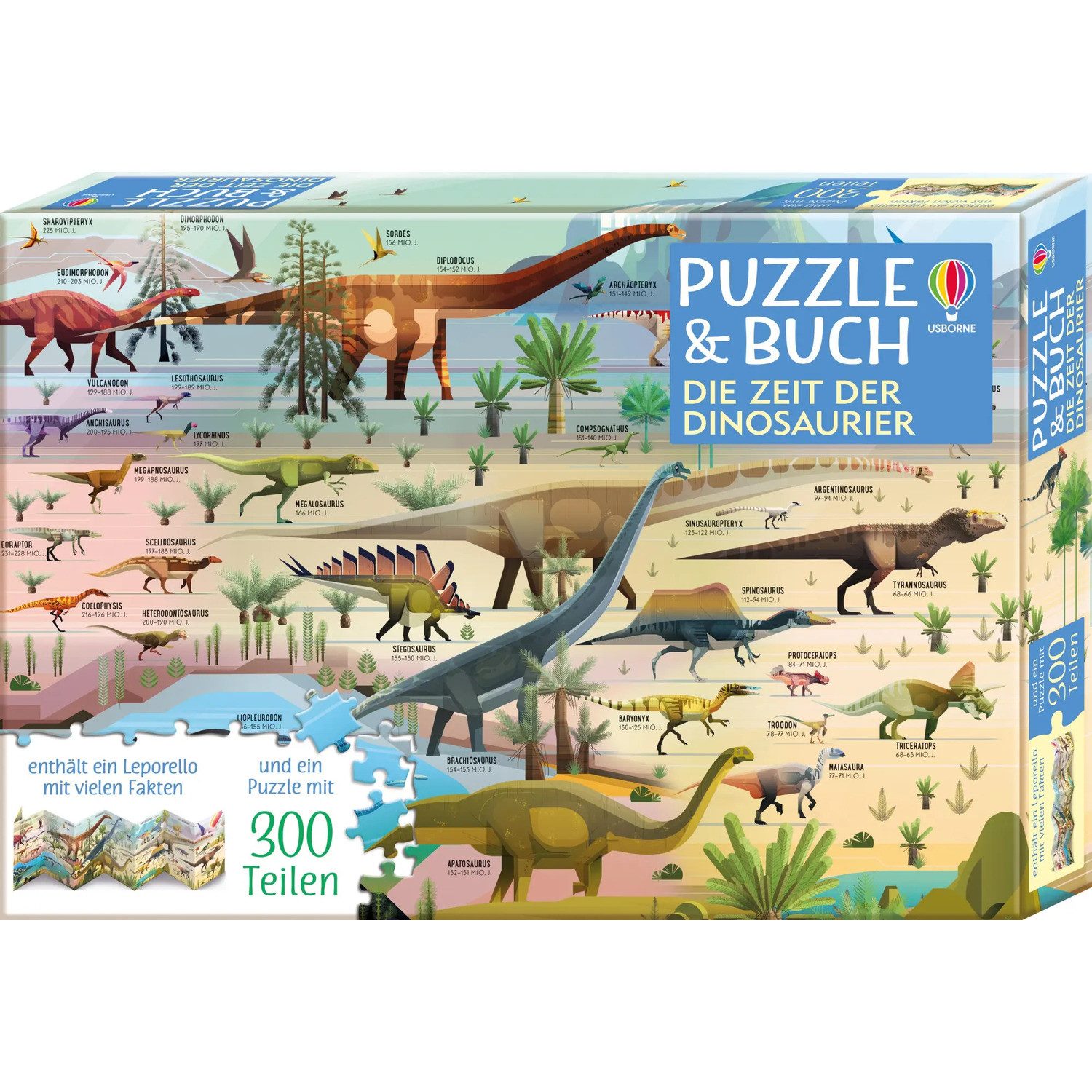 Usborne Verlag Puzzle Puzzle & Buch: Die Zeit der Dinosaurier, 300 Puzzleteile