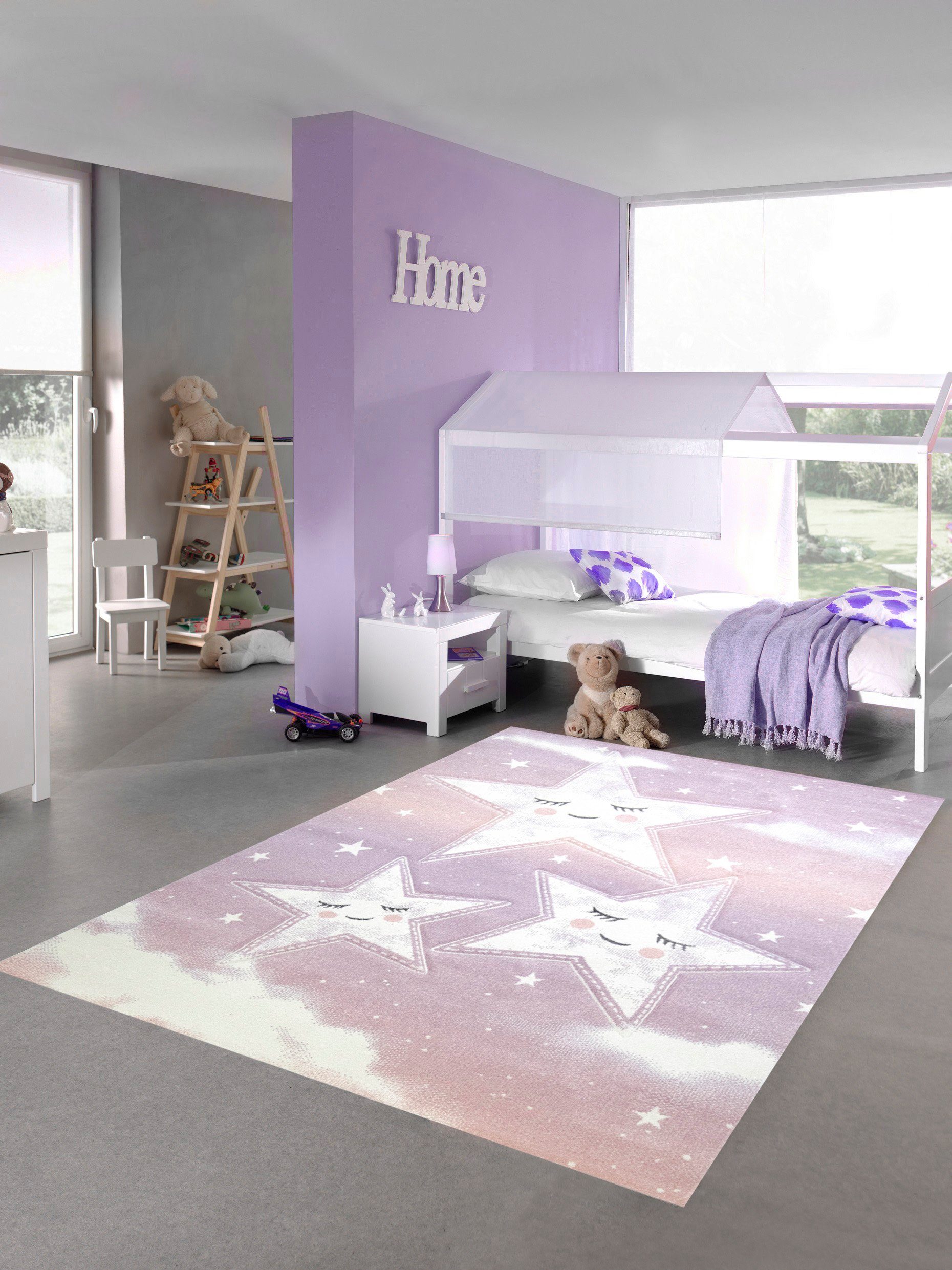 Kinderteppich Kinderzimmer Teppich Spielteppich Himmel Wolken Sterne Design rosa creme, Teppich-Traum, rechteckig, Höhe: 13 mm