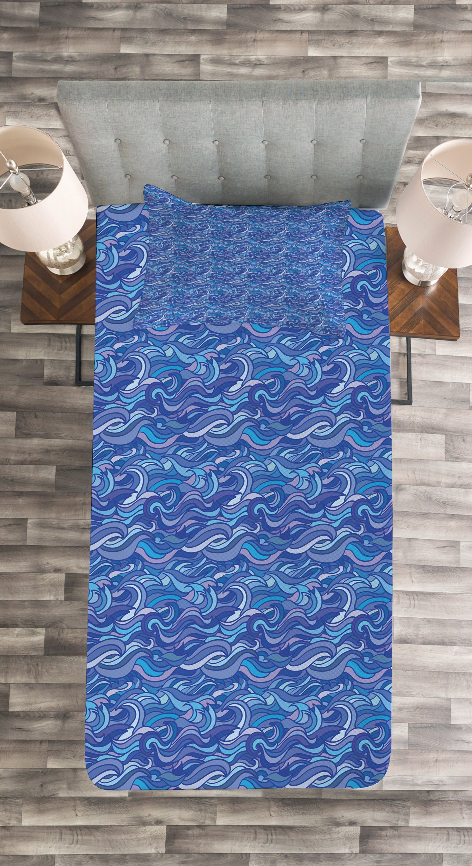Tagesdecke Set mit Kissenbezügen Abstrakt Töne Knorrige Blaue Waves Waschbar, Abakuhaus