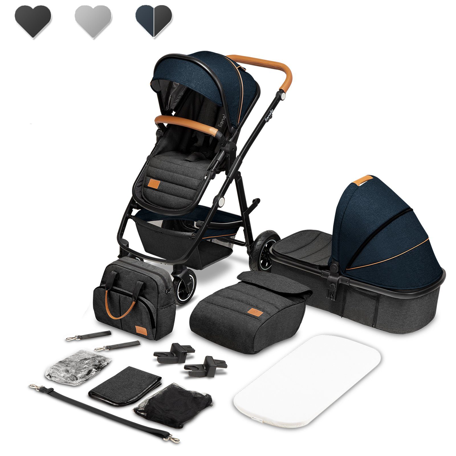 Schutzüberzug Dunkelblau 2in1 Kombi-Kinderwagen Regenschutz Moskitonetz Amber, Tasche lionelo