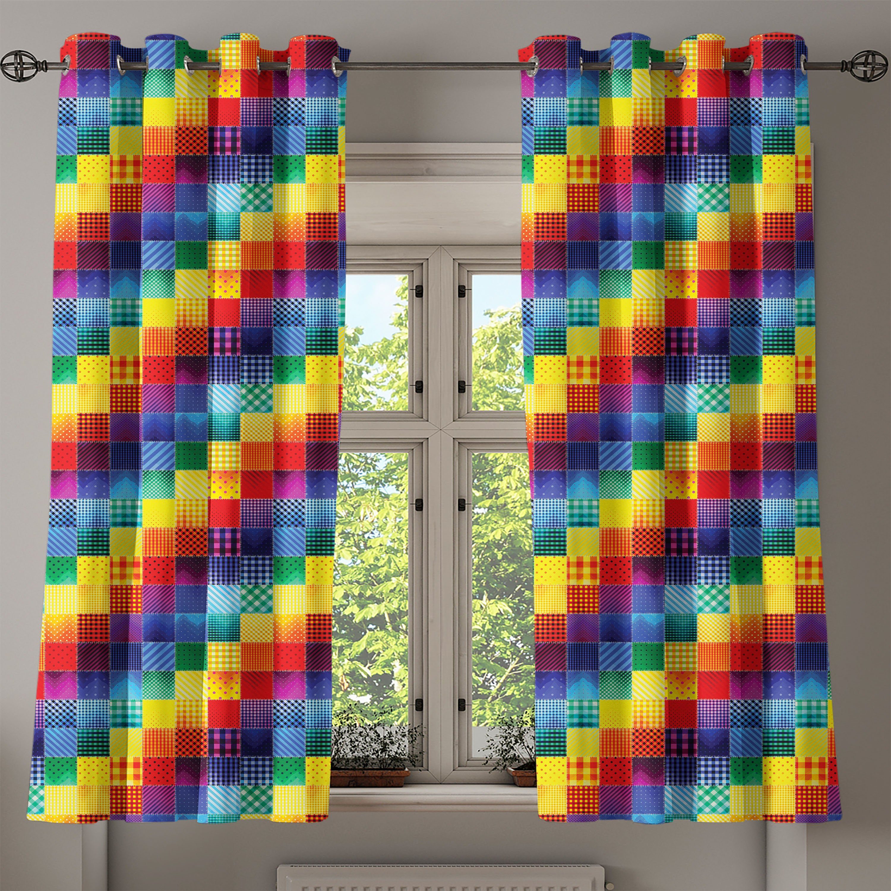 Gardine Dekorative 2-Panel-Fenstervorhänge für Schlafzimmer Regenbogen-Retro Patchwork Patchwork Wohnzimmer, Abakuhaus