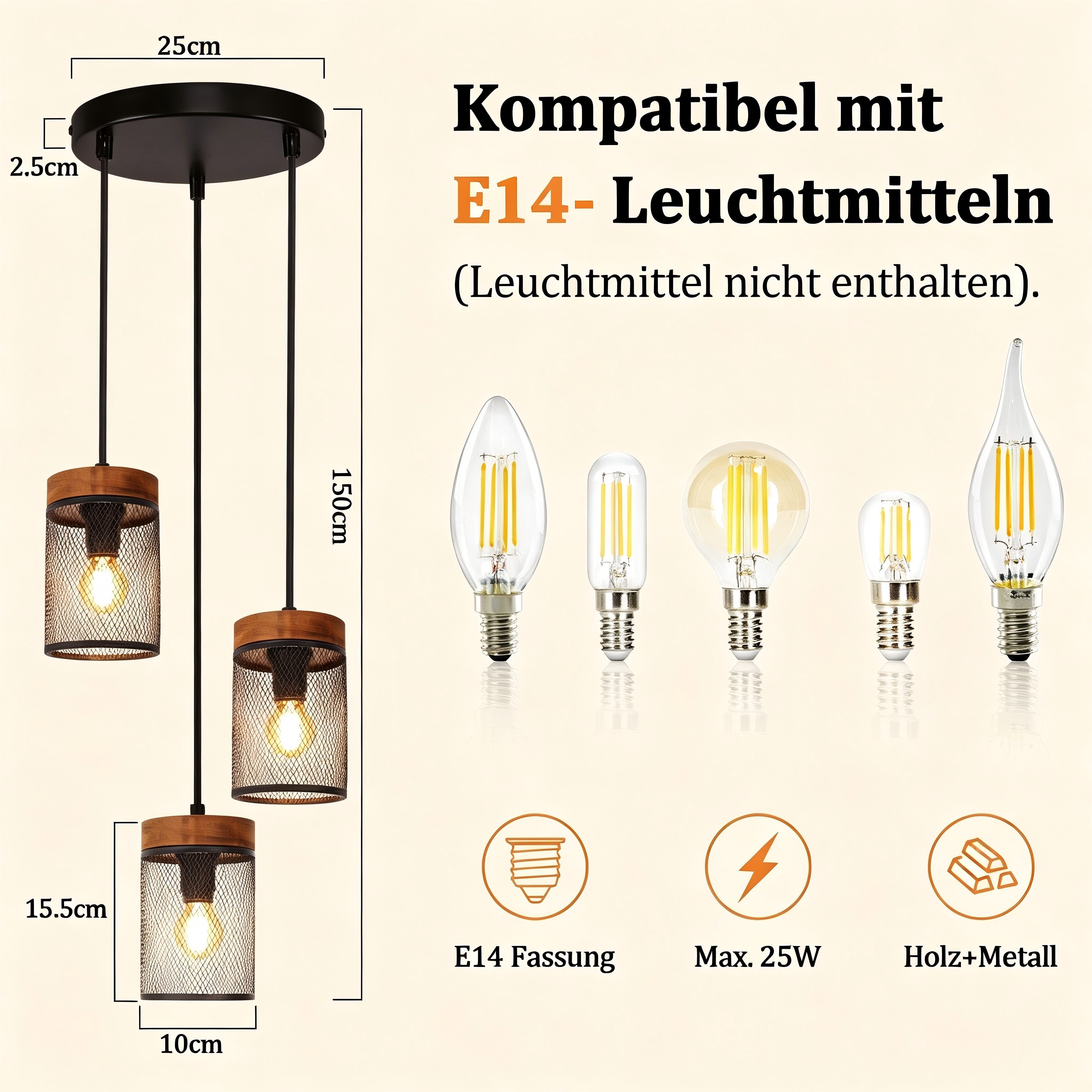 ZMH Pendelleuchte E14 Schwarz Holz Vintage 1/3/4 Flamming Retro Esstischlampe für Küche, ohne Leuchtmittel, Vintage Hängelampe 1 Flammig mit Gitter Lampenschirm