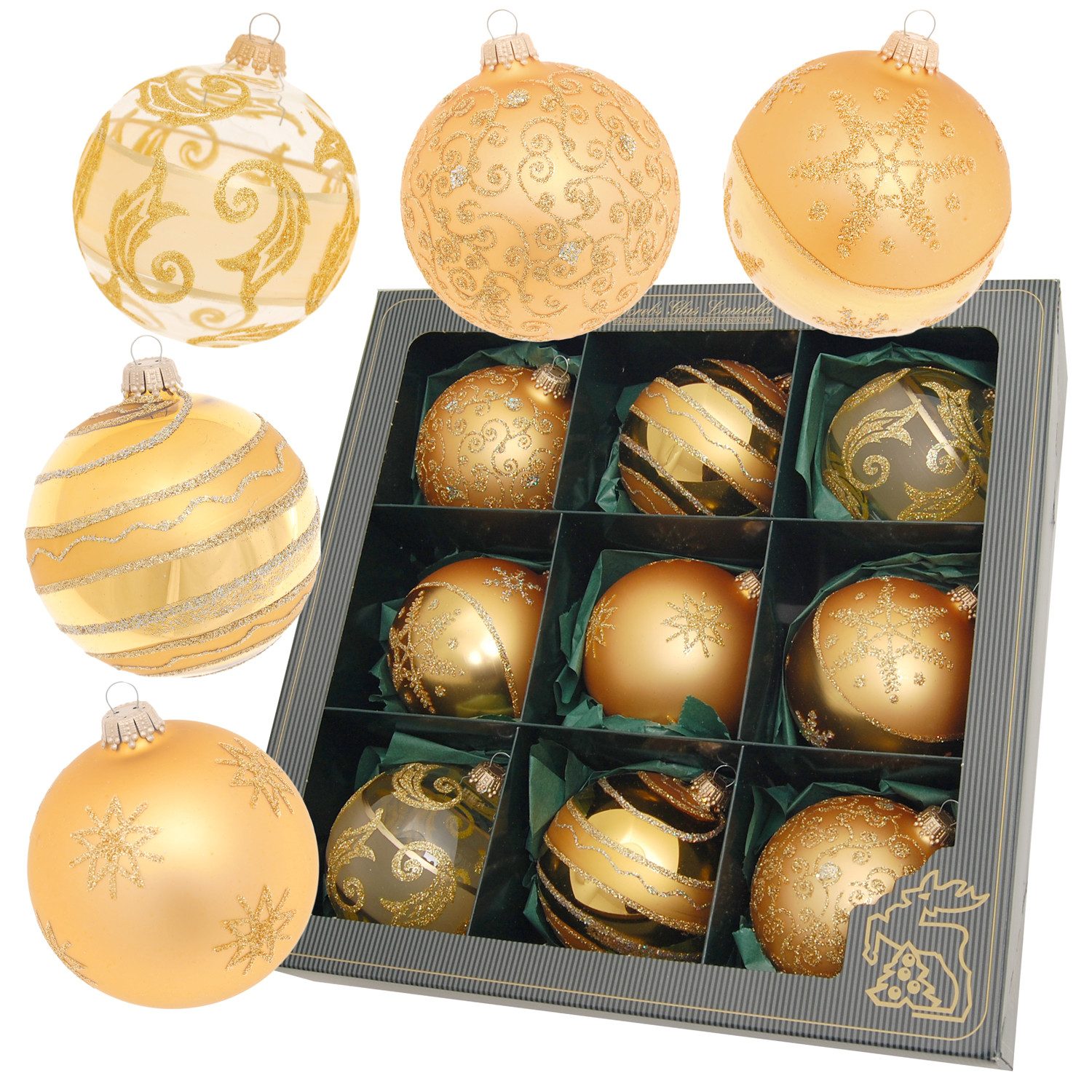 Krebs Glas Lauscha Weihnachtsbaumkugel Glasdekoration 9er Set Gold/Satin - 5 verschiedenen Designs - ca. 10cm, eleganter und festlicher Schmuck für eine edle Weihnachtsstimmung