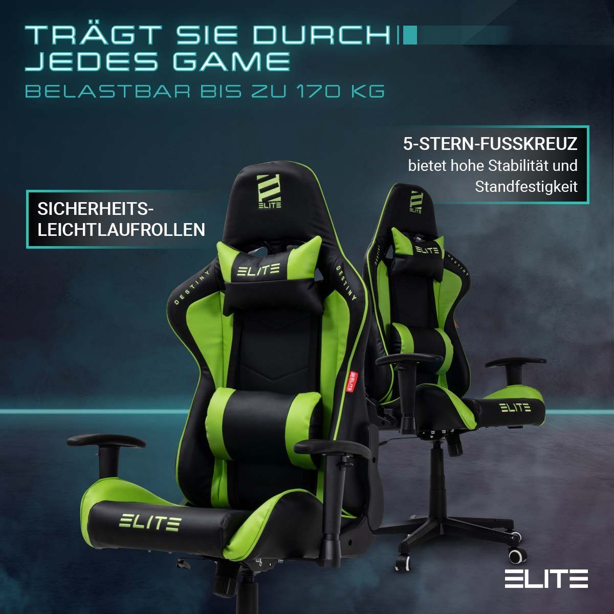 klappbare Computer bis 5-Stern Racing-Design, PVC 150 mit Wippmechanik, Belastbarkeit 2D-Armstützen, Härtegradeinstellung, Drehsessel, - / - Verarbeitung, Memory-Schaum, 90° Chair, verstellbare Rückenlehne, Racingstuhl, Gaming kg Fußkreuz, Pflegeleicht, Grad Bürostuhl inkl. Gaming Hohe Ergonomischer Gaming Zockerstuhl Schwarz Destiny hochwertige 1 kg, & Rücken- St), ELITE Computerstuhl, drehbar, 360 Gaming-Stuhl Racing verriegelbare - Sicherheitsgasdruckfeder, mechanische Sitzhöhe, Stuhl Home horizontal Stuhl Sicherheits-Doppelrollen, Nackenkissen Chefsessel, 170 Grün (Drehstuhl Office bis Chair, mit