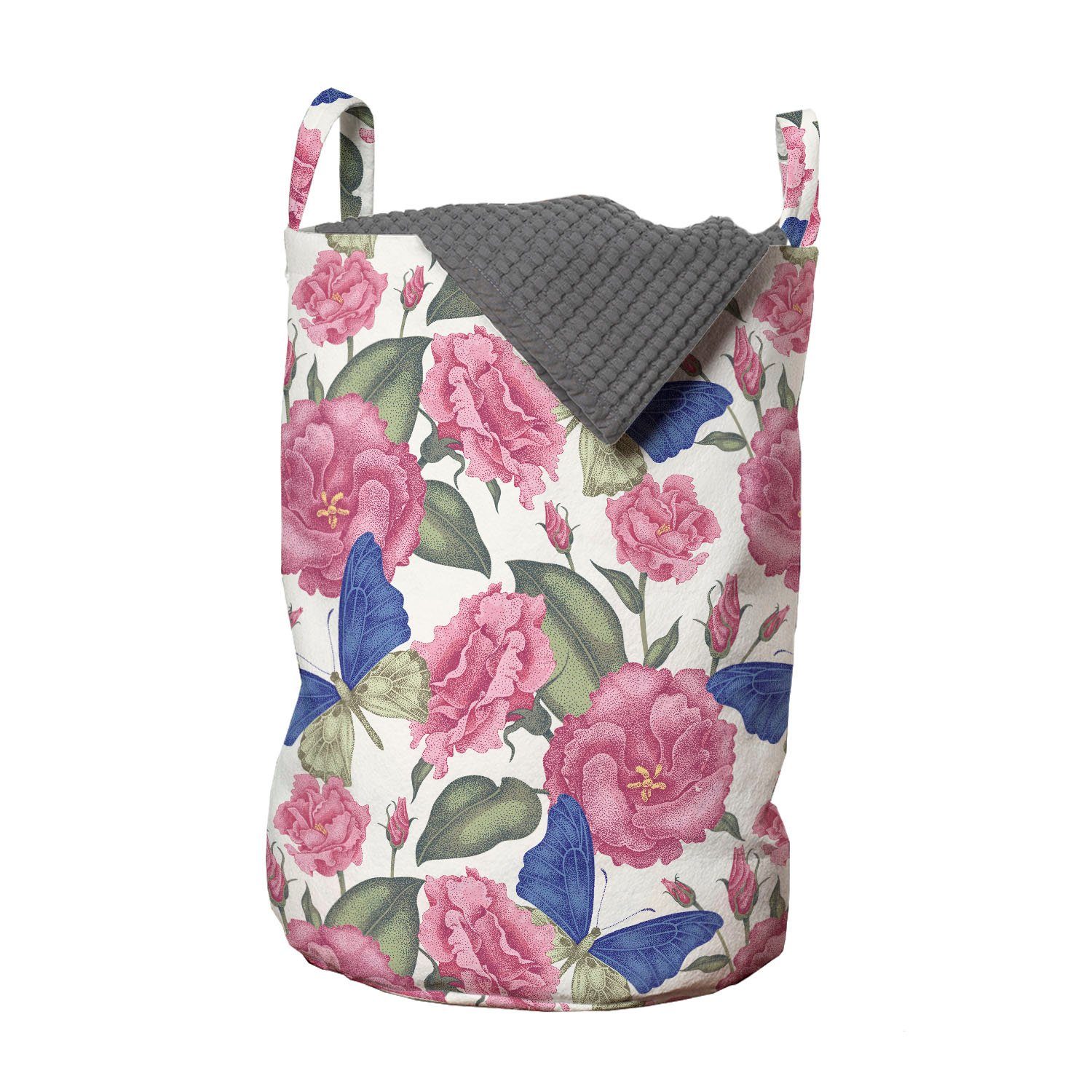 Abakuhaus Wäschesäckchen Wäschekorb mit Griffen Kordelzugverschluss für Waschsalons, Garten-Kunst Schmetterlinge Rosa Blumen
