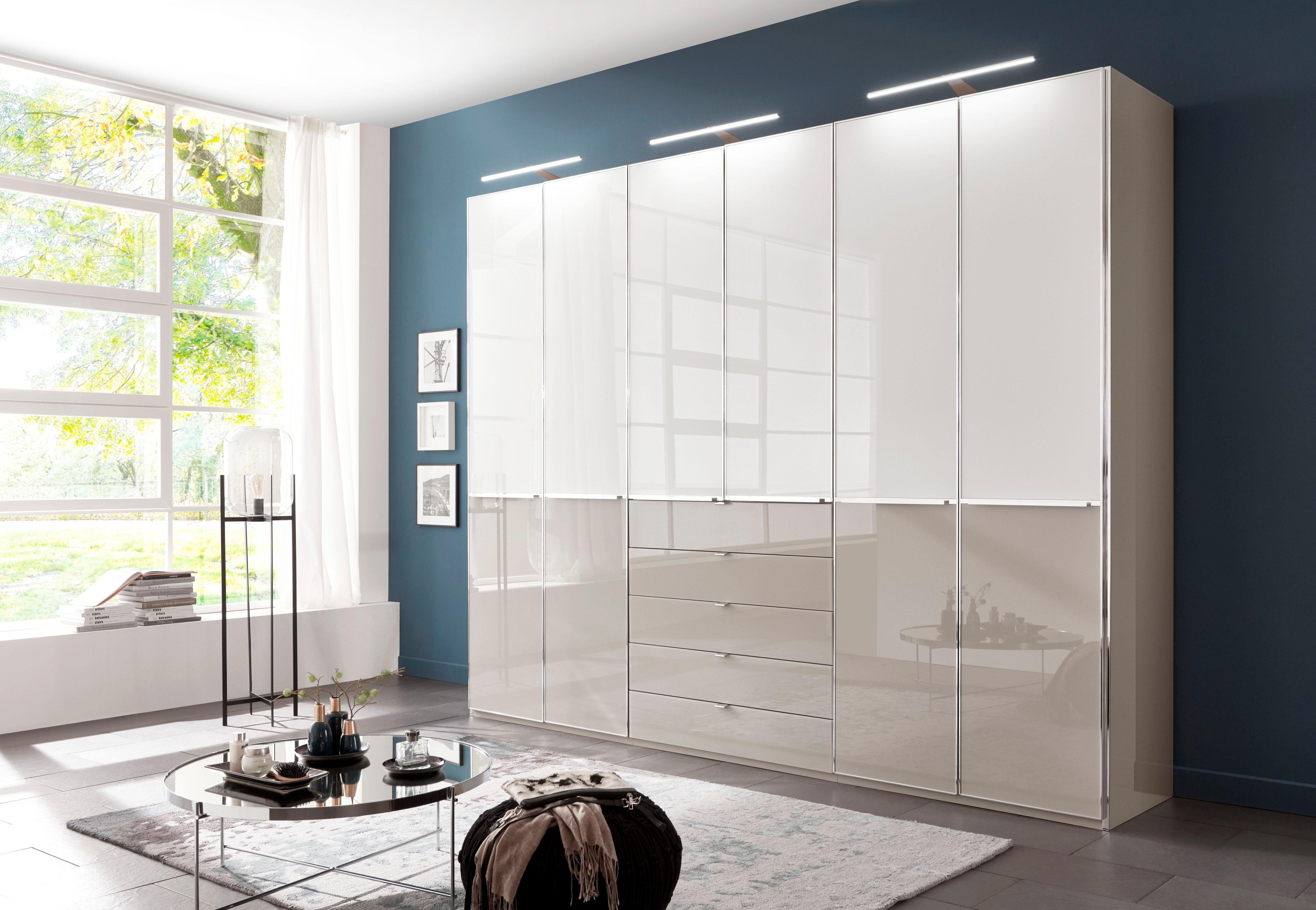 WIEMANN Kleiderschrank Shanghai, Drehtürenschrank, Schrank mit 2-farbiger Glasfront (2 Höhen 216/236 cm auswählbar, MADE IN GERMANY) mit hochwertiger Glasfront, Schubkästen und Türen inkl. Dämpfung