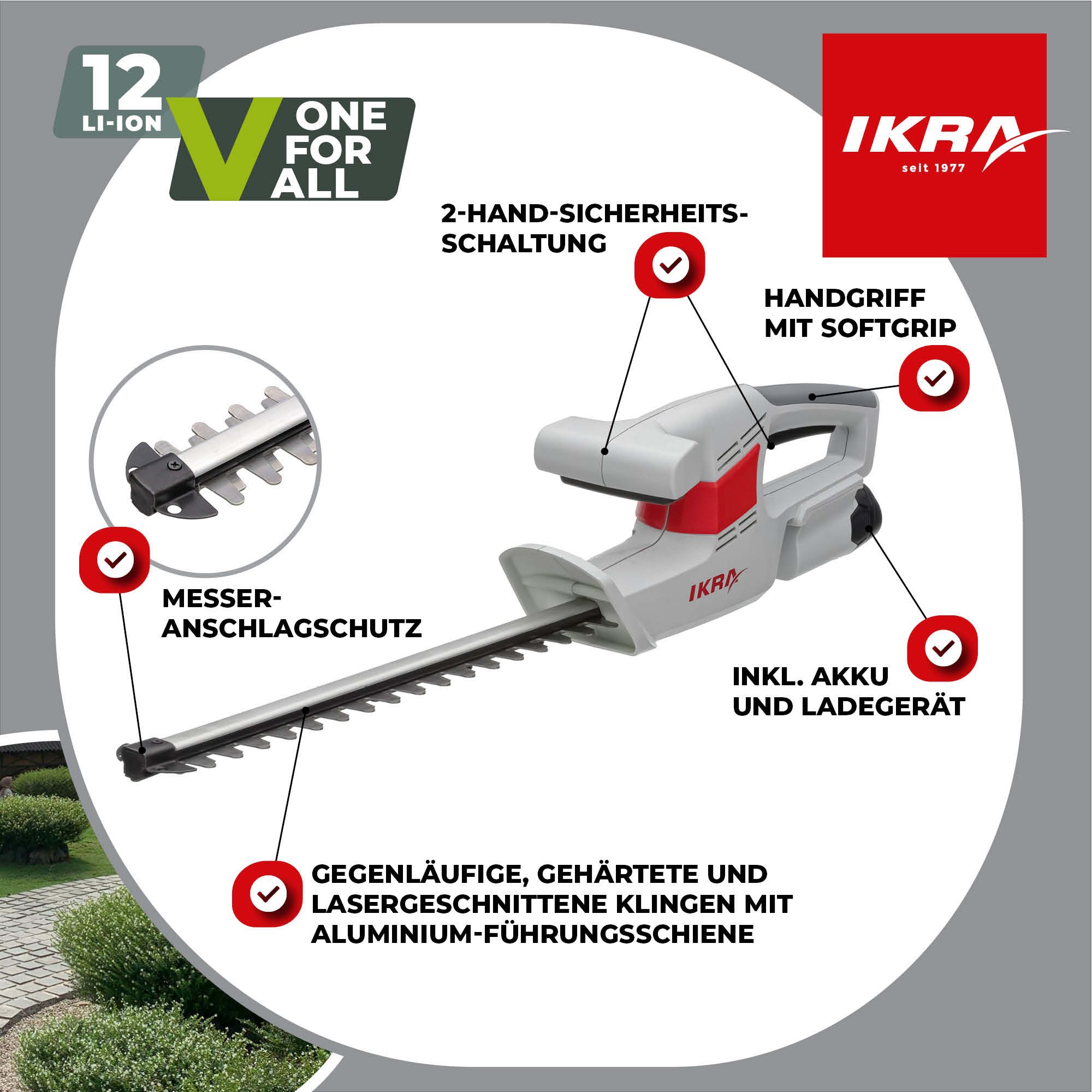 ikra GmbH Akku-Heckenschere IAHS 1240, 12 Volt, 41 cm Schnittlänge, 14 mm Schnittstärke mit Schutzbrille