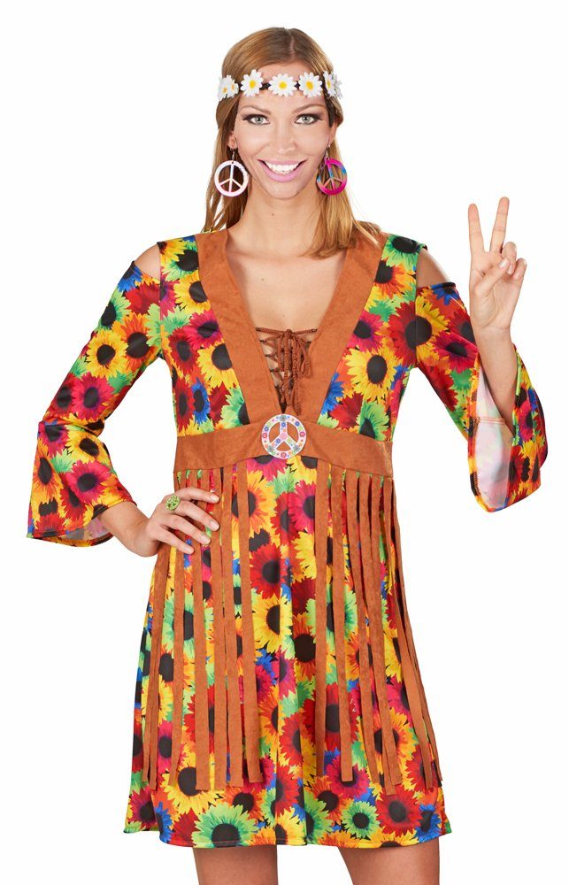Das Kostümland Hippie-Kostüm »Hippie Damen Kostümkleid "Sunny" mit Fransen  - Flower Power Sonnenblumen Minikleid für Fasching Mottoparty Woodstock  Festival Schlagermove« online kaufen | OTTO