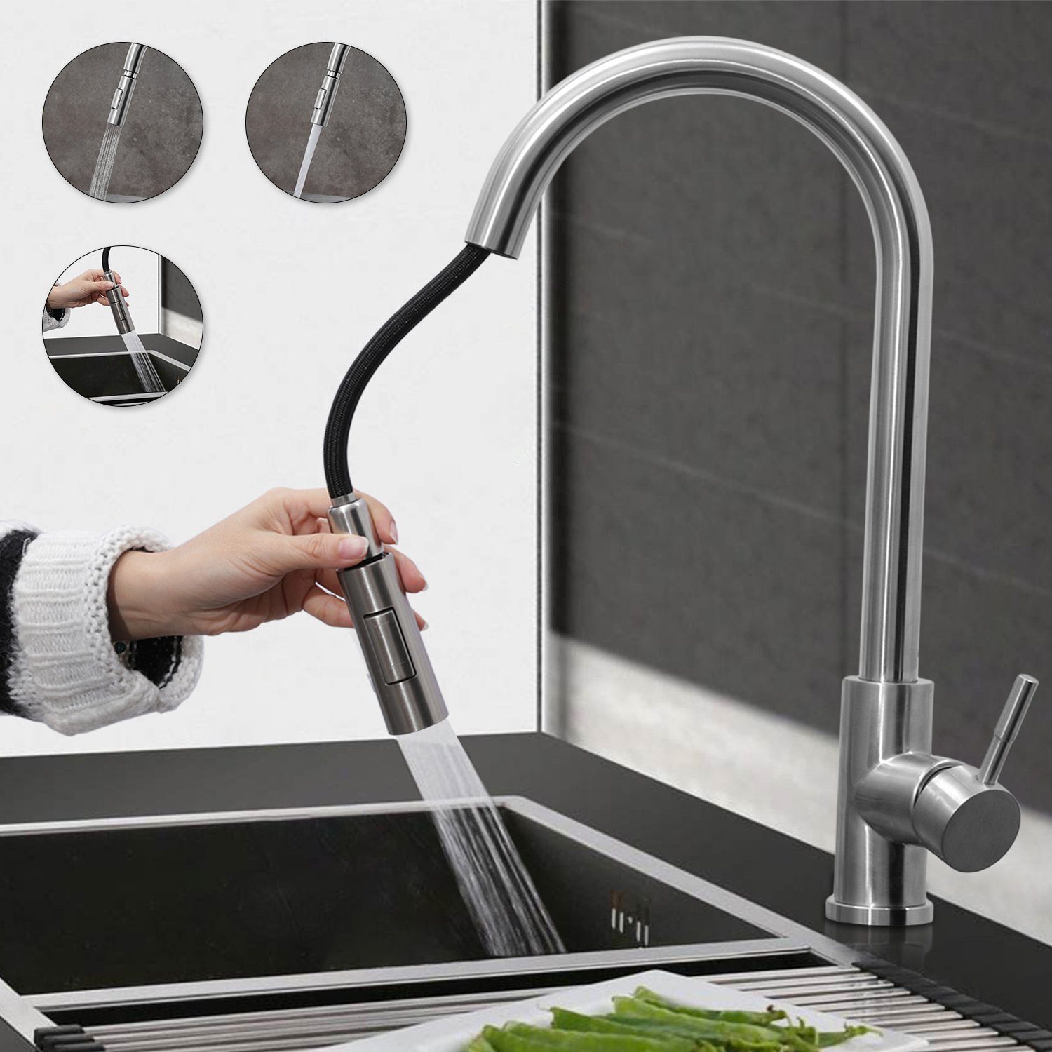 kpaloft Küchenarmatur 2 Modi Wasserhahn Ausziehbar Schwenkbar Edelstahl 304  Mit Warm- und Kaltwasserleitungen