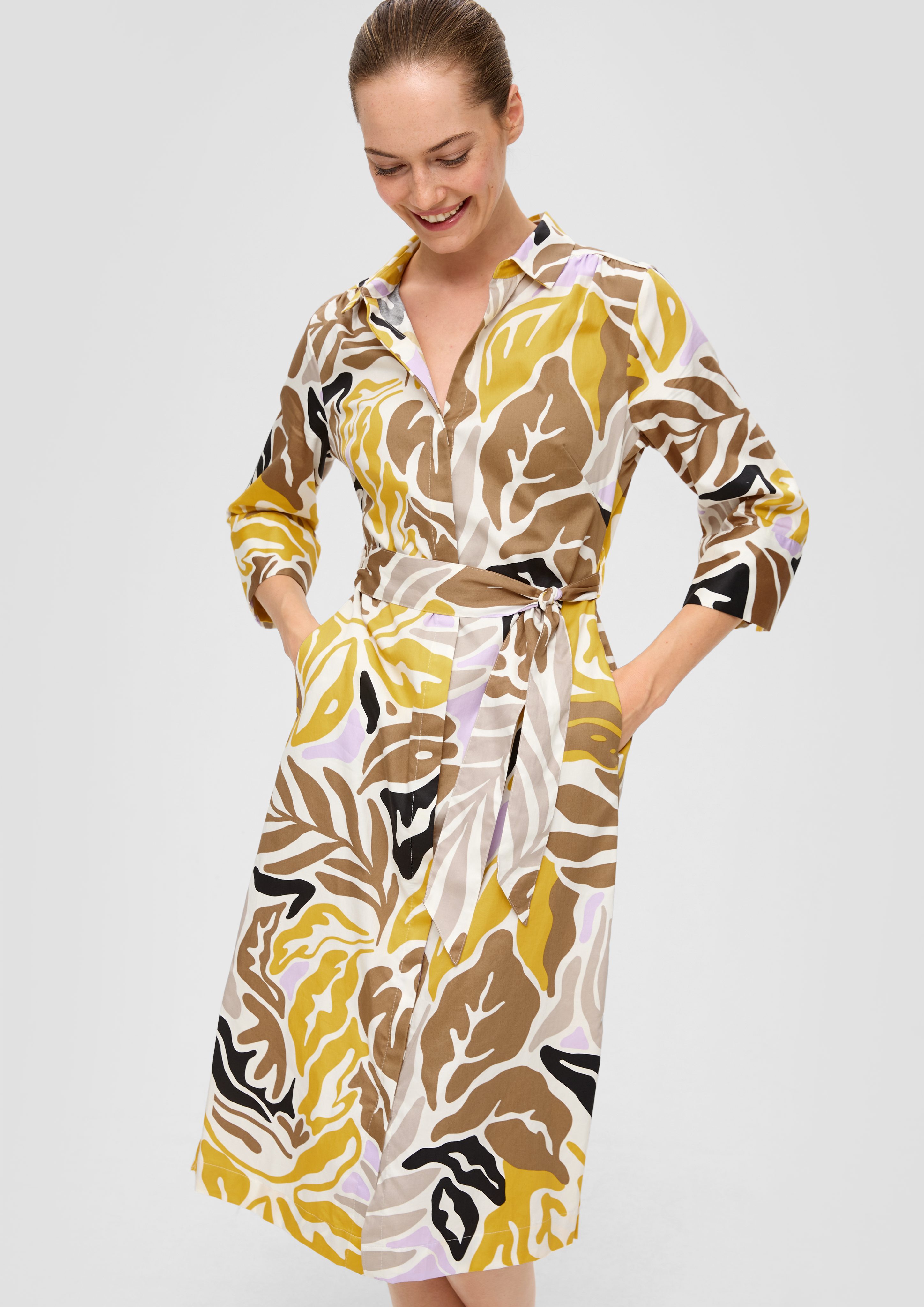 Maxikleid Gemustertes Hemdblusenkleid aus Popeline mit Bindegürtel