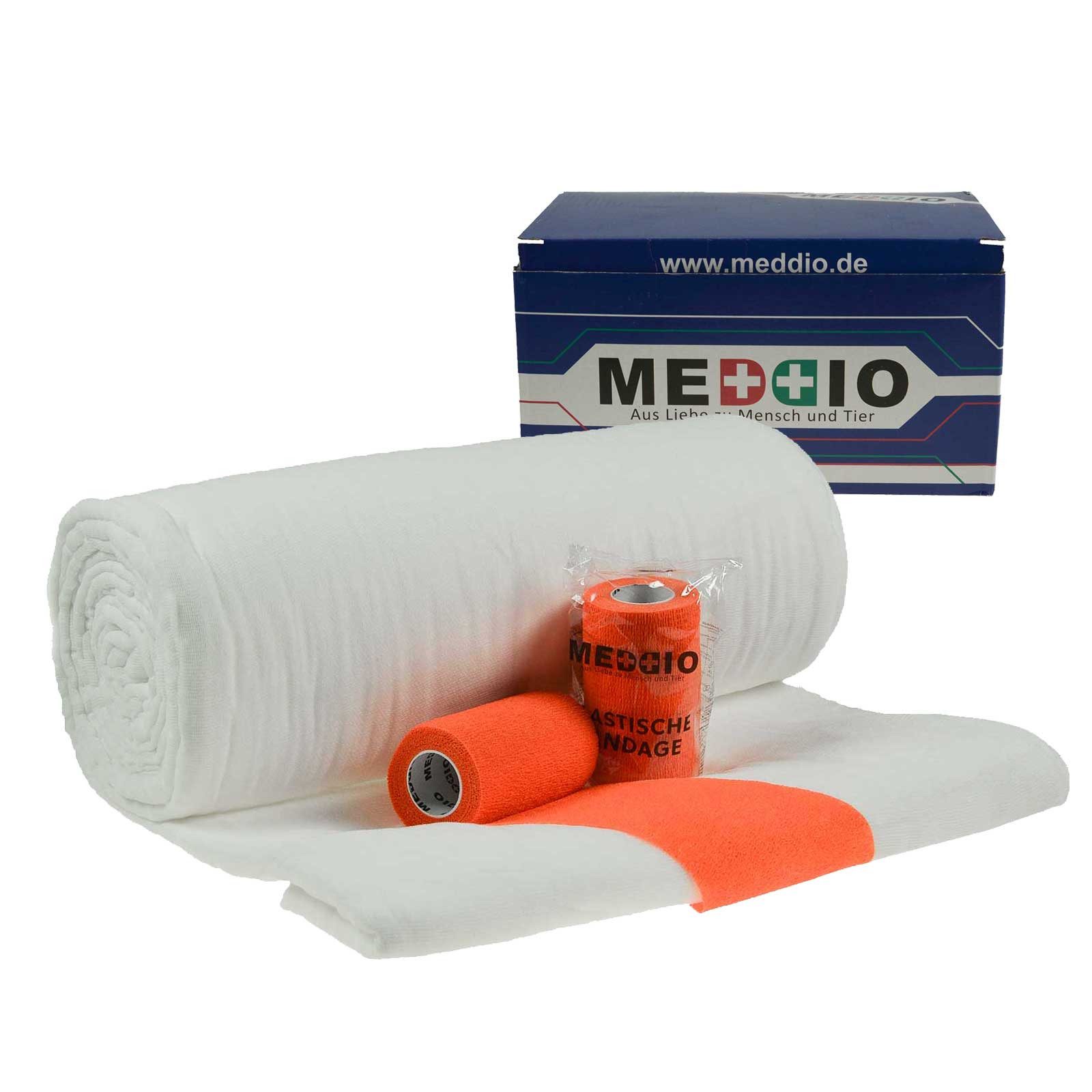 Pferdebandage Bandagierwatte / Verbandwatte 40cm + 12 Haftbandagen 10cm neonorange