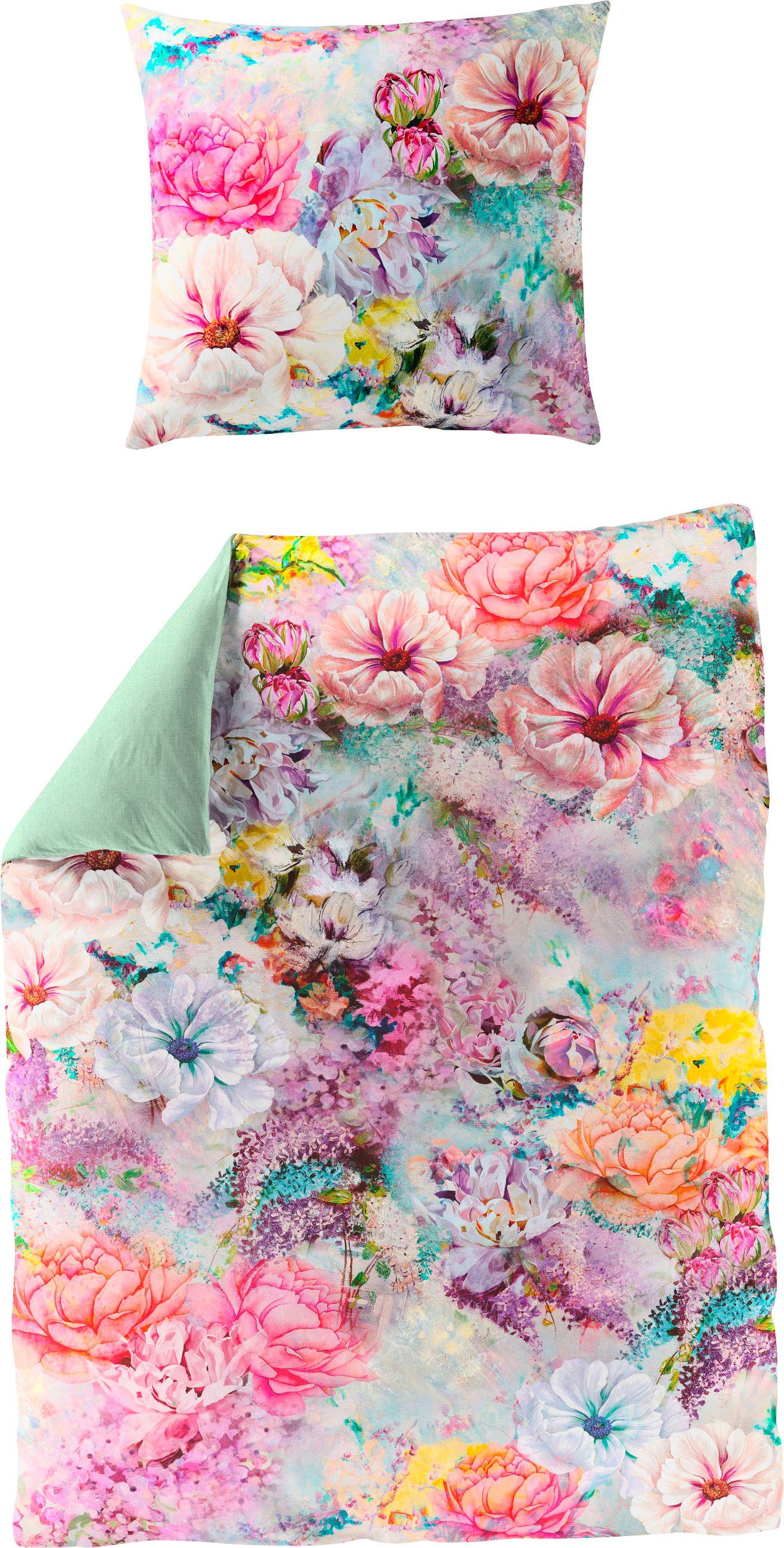 BIERBAUM Wendebettwäsche Colorful Flowers, Mako-Satin, 2 teilig, mit floralem Digitalprint