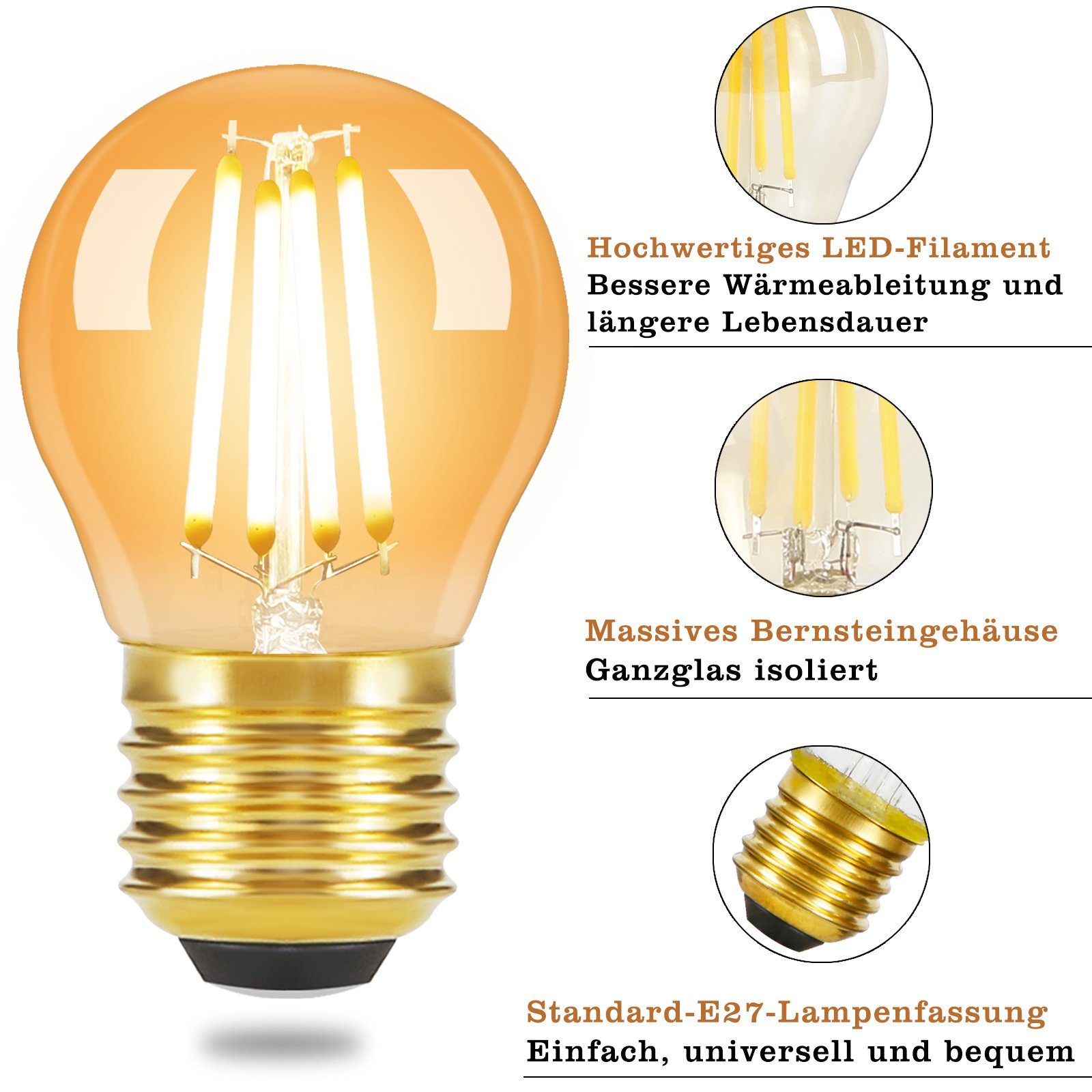 Energiesparlampe G45 Vintage Filament Retro 6 St., E27, warmweiß, Glas 2700K - Birne LED-Leuchtmittel E14//E27, ZMH LED Edison Glühbirne