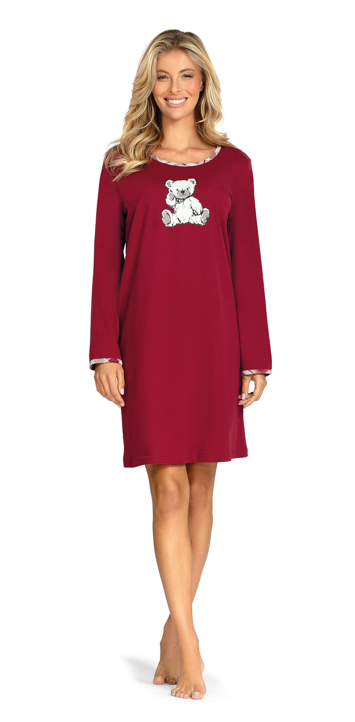comtessa Nachthemd Comtessa Damen Nachtemd Langarm Teddy Rot (1-tlg) Nachthemd mit Streifen und Blümchen