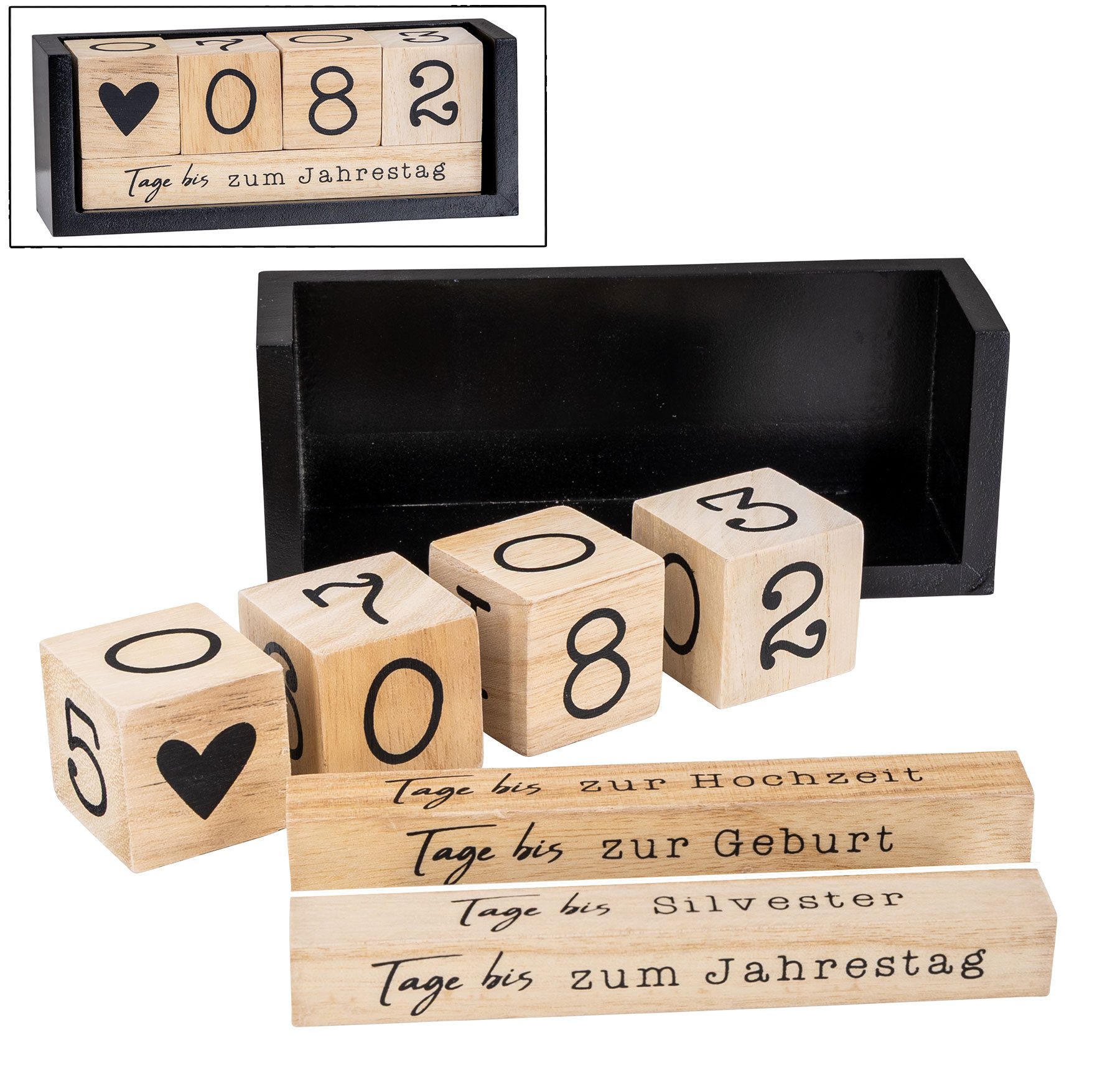 Levandeo® Countdown Kalender, Würfel Countdown Kalender Holz Natur Schwarz Holzkalender