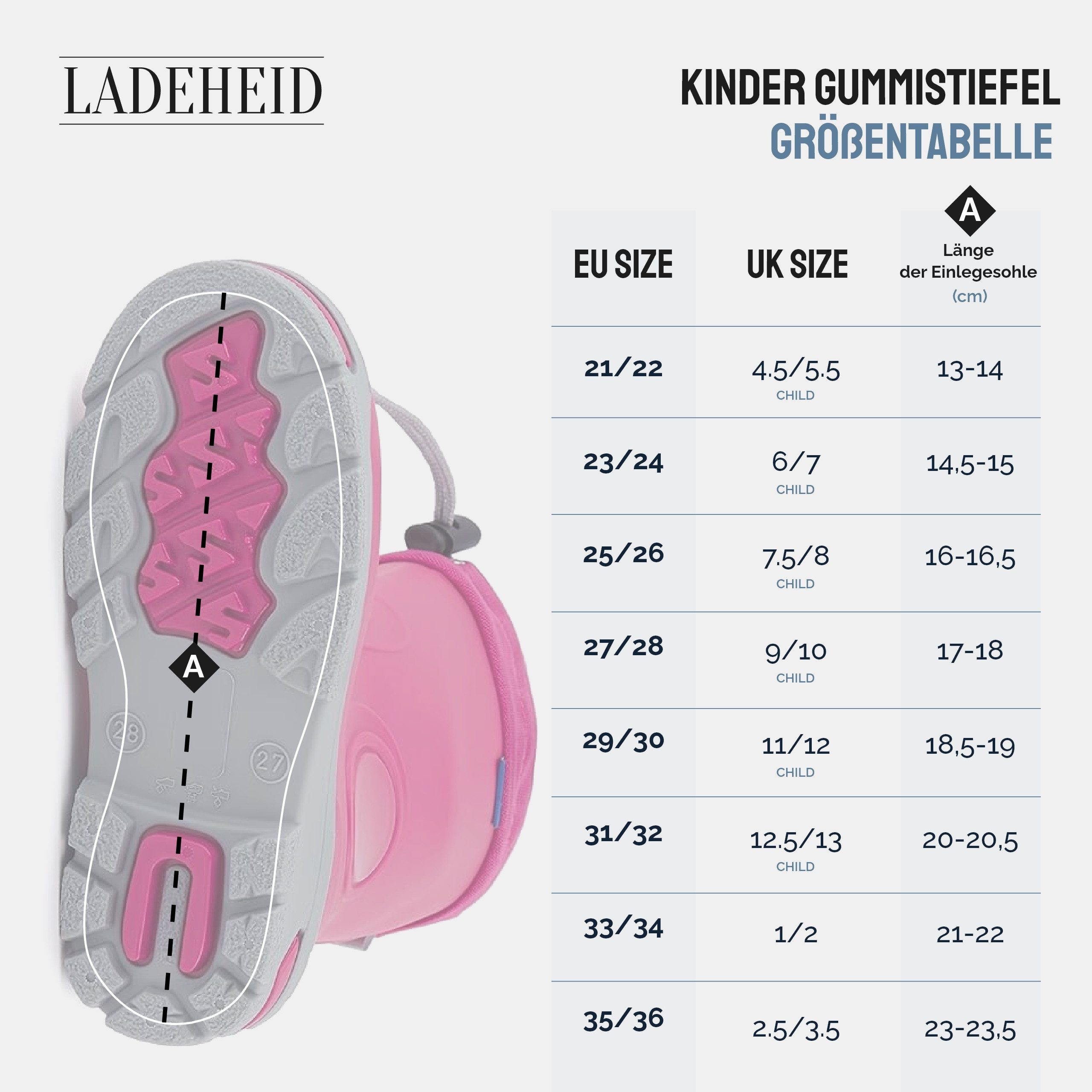 Ladeheid lange Regenschuhe LARB014 Gummistiefel Kinder mit Stulpe zum Festziehen