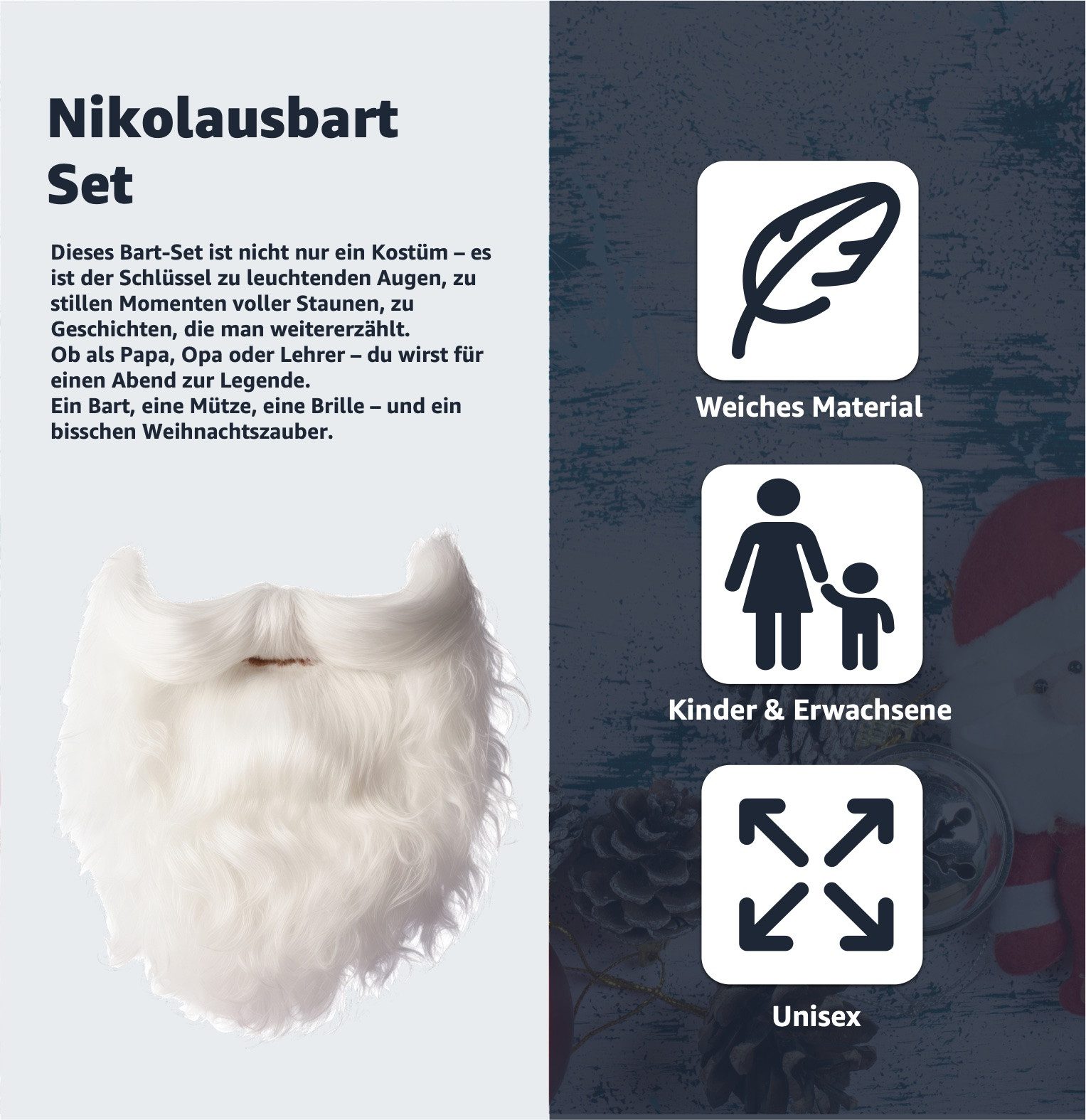 Kostümheld® Kostüm 6x Weihnachtsmannbart Nikolausbart Bart weiß - Nikolaus Santa Kostüm, mit Zugband