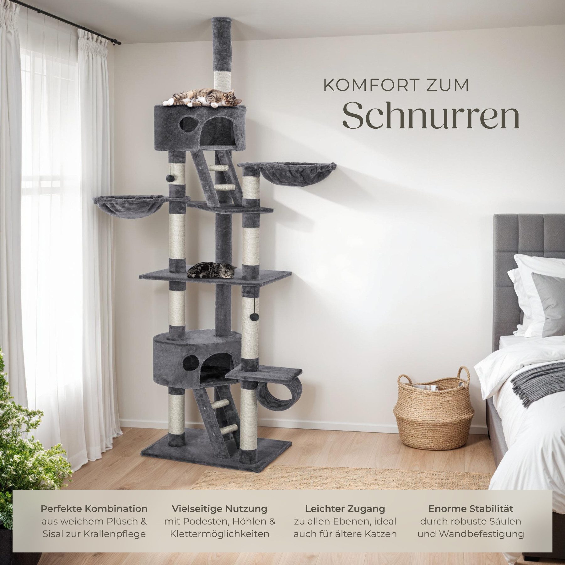 tectake Kratzbaum Katzenbaum Hansi 260 cm - Diverse Farben - Grau, Vielseitig mit robusten Sisalstangen und Plüschoberfläche