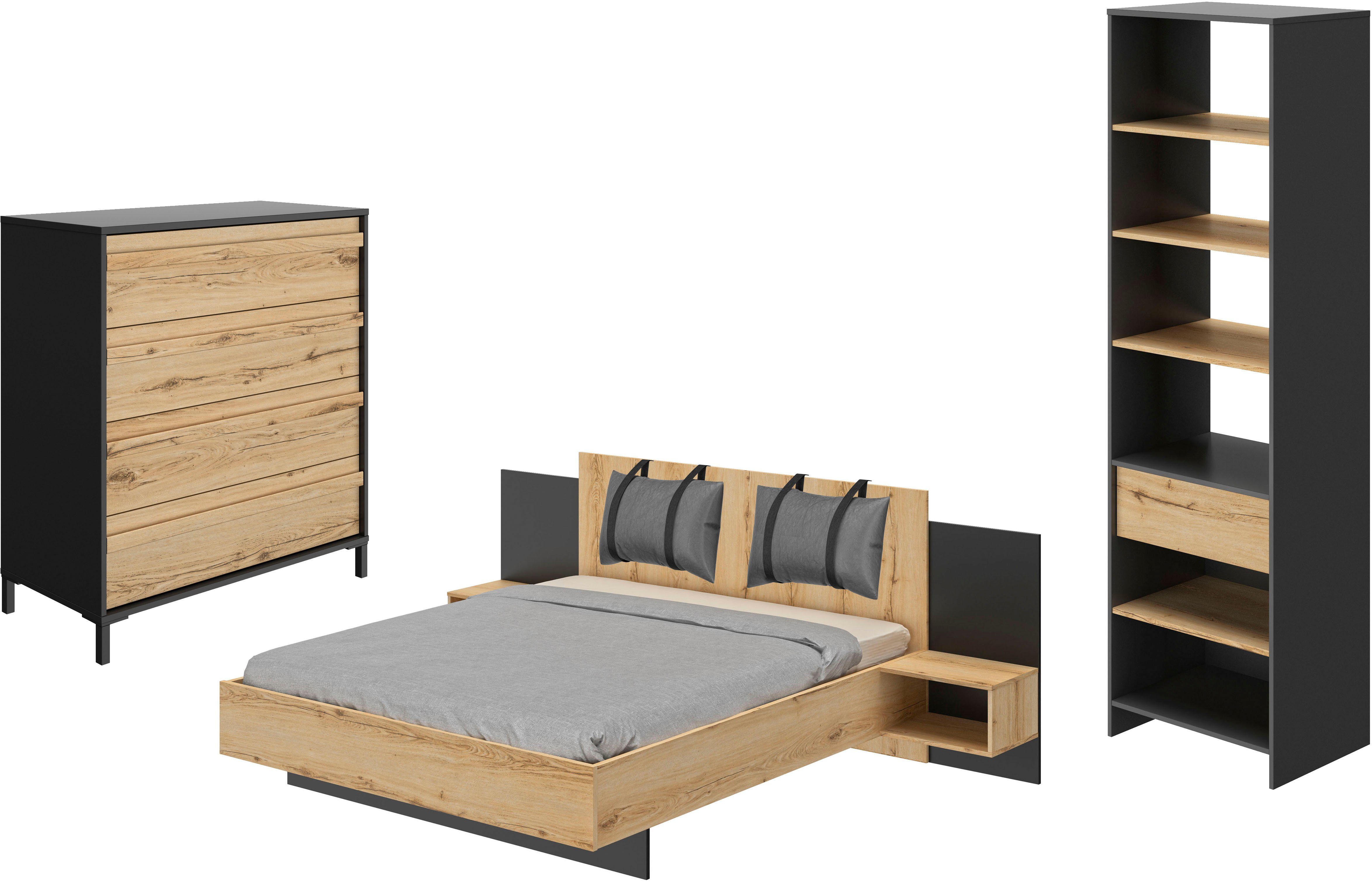 Gami Schlafzimmer-Set Mimizan, (6-tlg., Bett, 2 Kissen und inkl. 2x Nachttische, 1x Kleiderschrank, 1x Kommode)