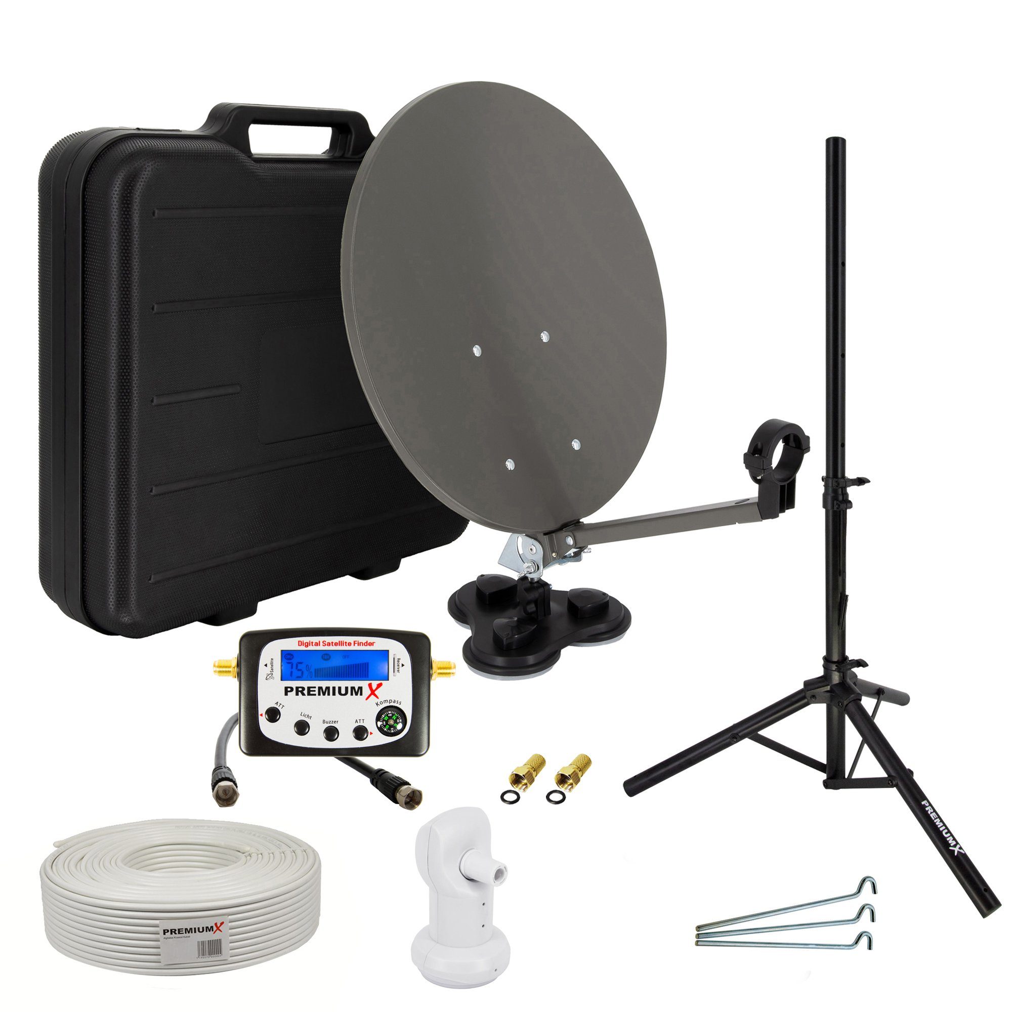 PremiumX Camping SAT Anlage Stativ Satelliten-Finder LNB 10m Kabel im Koffer SAT-Antenne