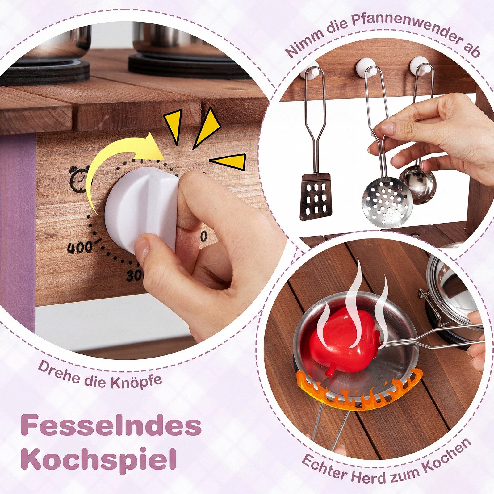 COSTWAY Outdoor-Spielküche Tannenholz, Mit Wasserhahn, Spülbecken, Pflanzkasten & Blumentopf