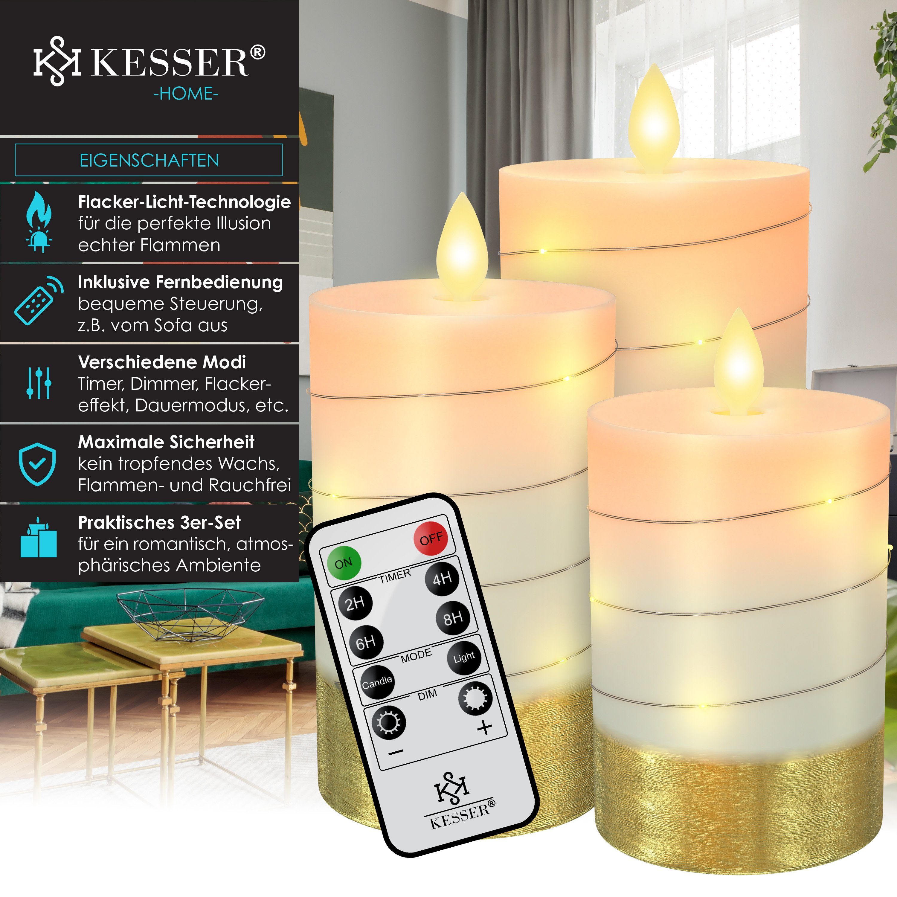 mit Timerfunktion LED Kerzen 3er-Set Kerze KESSER Set Fernbedienung Modern Flammenlose Weiß LED-Kerze, /