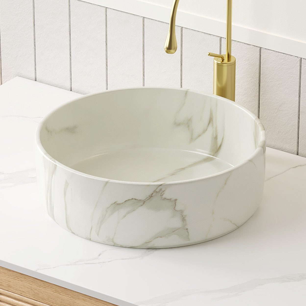 Odikalo Waschtisch (Rundes Waschbecken (36 cm) mit Steinoptik, ohne Armatur, Ablaufgarnitur und Unterschrank, mattweiß)