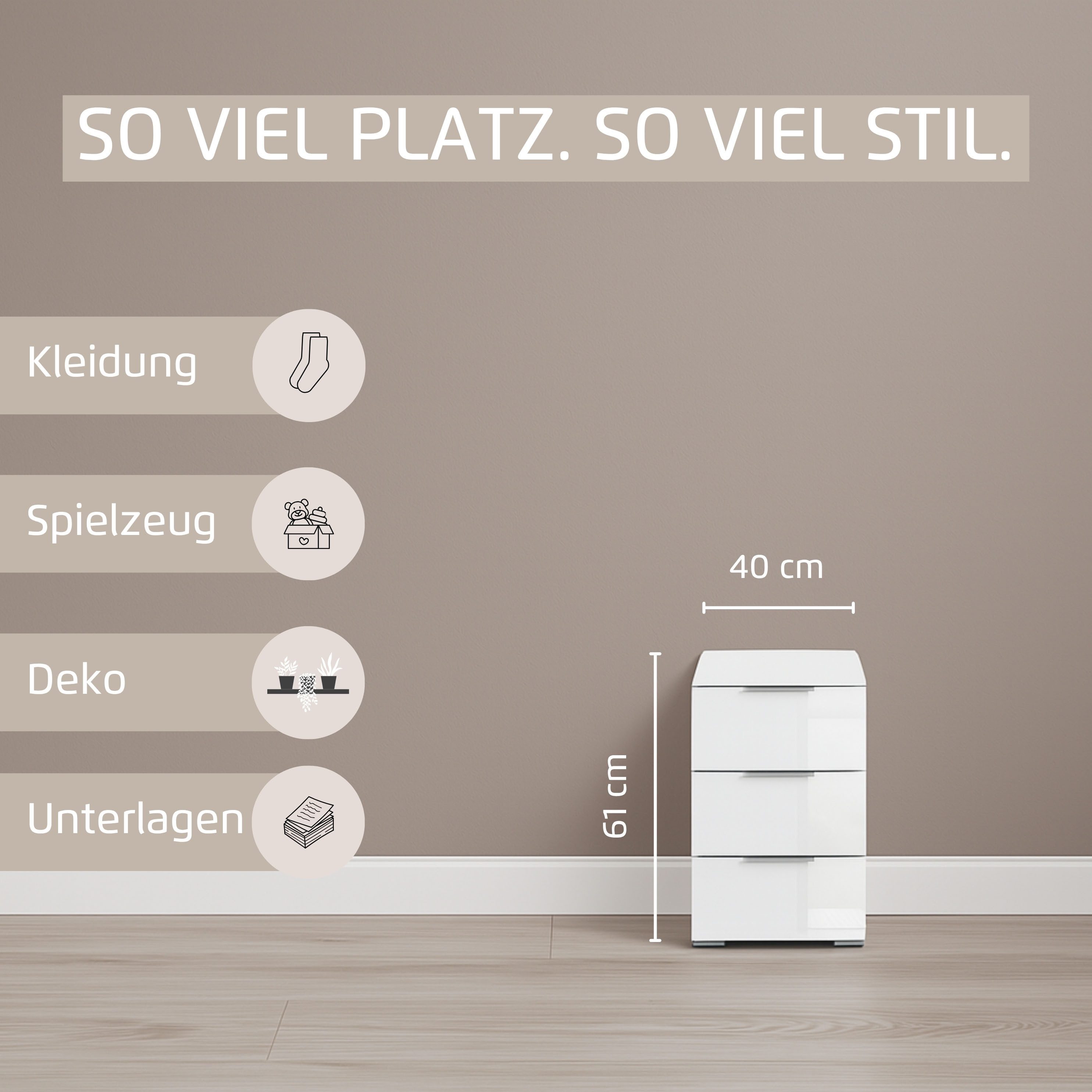 OTTO home Nachtkommode Nachttisch Nachtschrank Nachtkonsole AGORDO mit Glasfront (in zwei Griff-Farben, Breite 40 cm), mit 3 geräumigen Schubladen für viel Stau – Bild 5 von 5