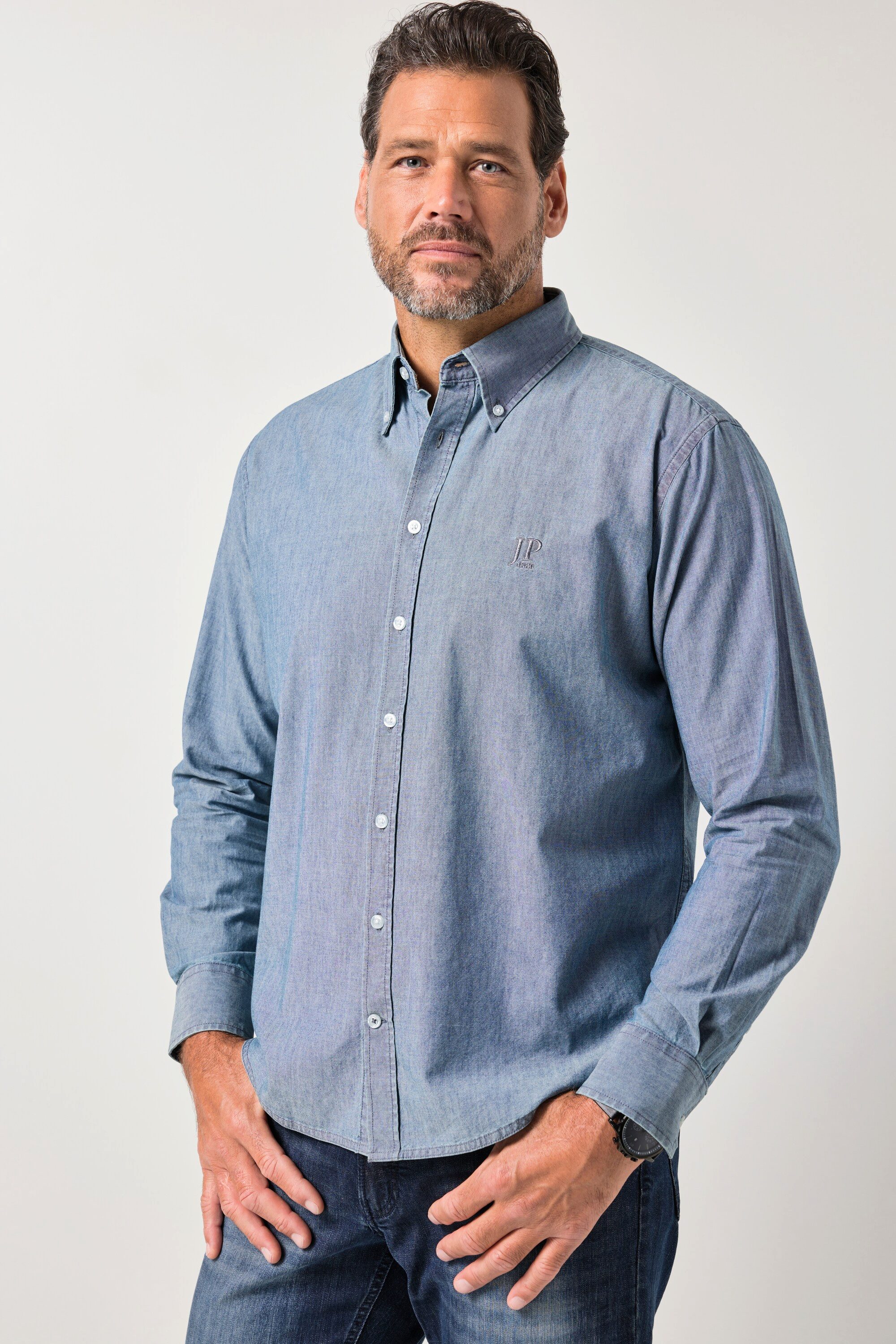 JP1880 Businesshemd Jeansoptik-Hemd Langarm Buttondown-Kragen