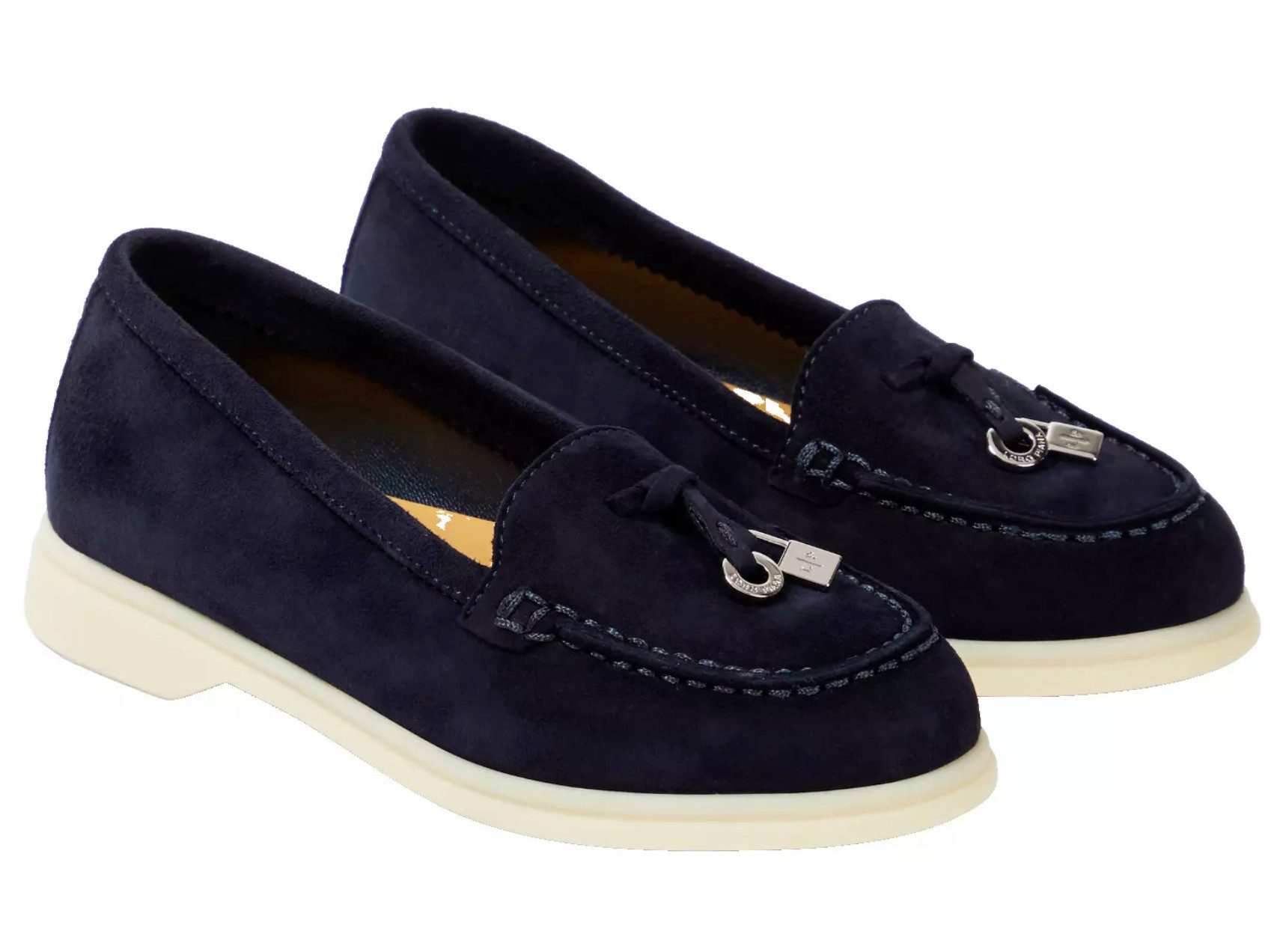Loro Piana Summer Charms Kinder Loafers Veloursleder Mokassin personalisiertes Namensfeld auf der Ferse