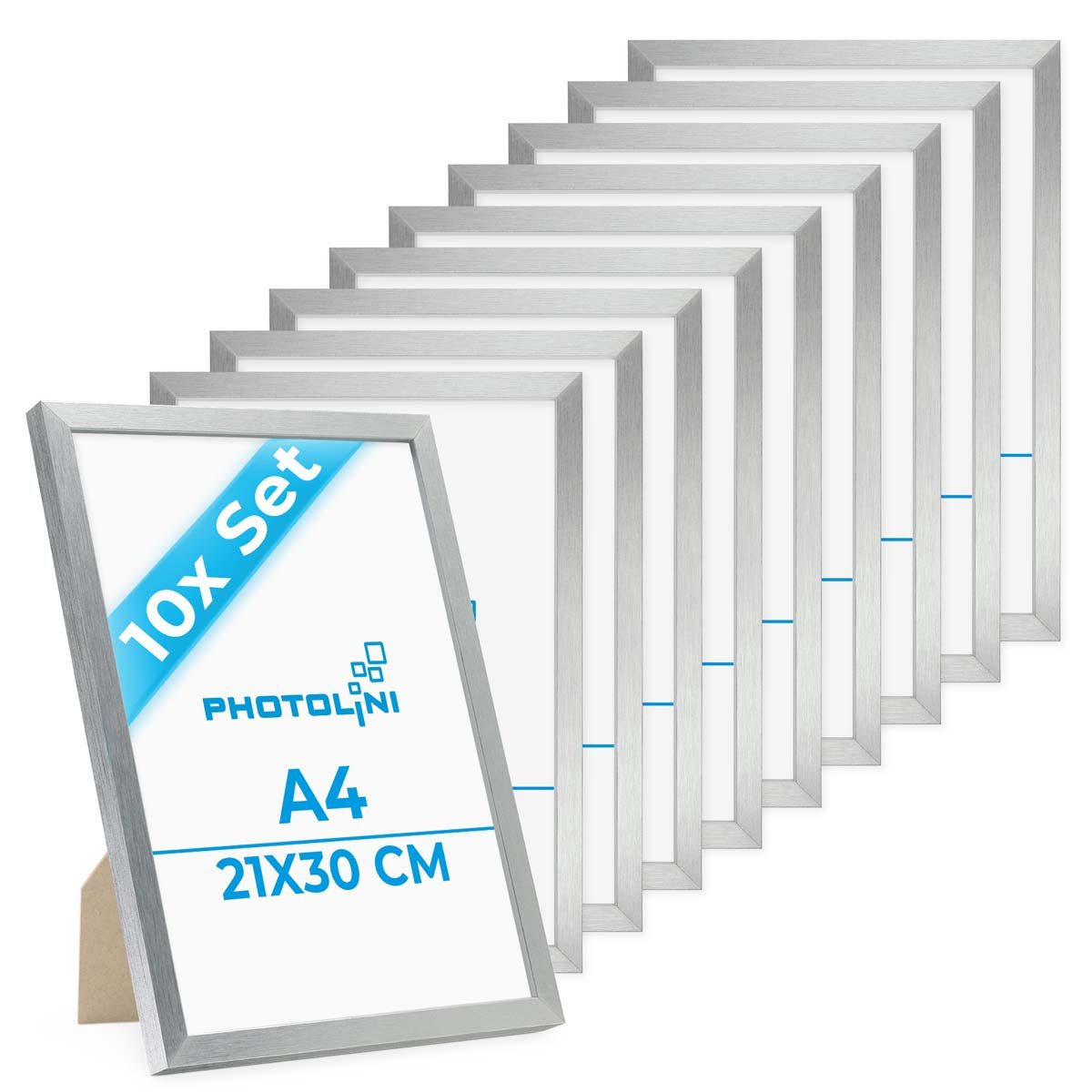 PHOTOLINI Bilderrahmen 10er Set modern mit bruchsicherem Acrylglas, Holz MDF, Fotos & Poster, für 10 Bilder (10er Set), Posterrahmen A4 21x30 cm Silber zum Aufhängen & Aufstellen