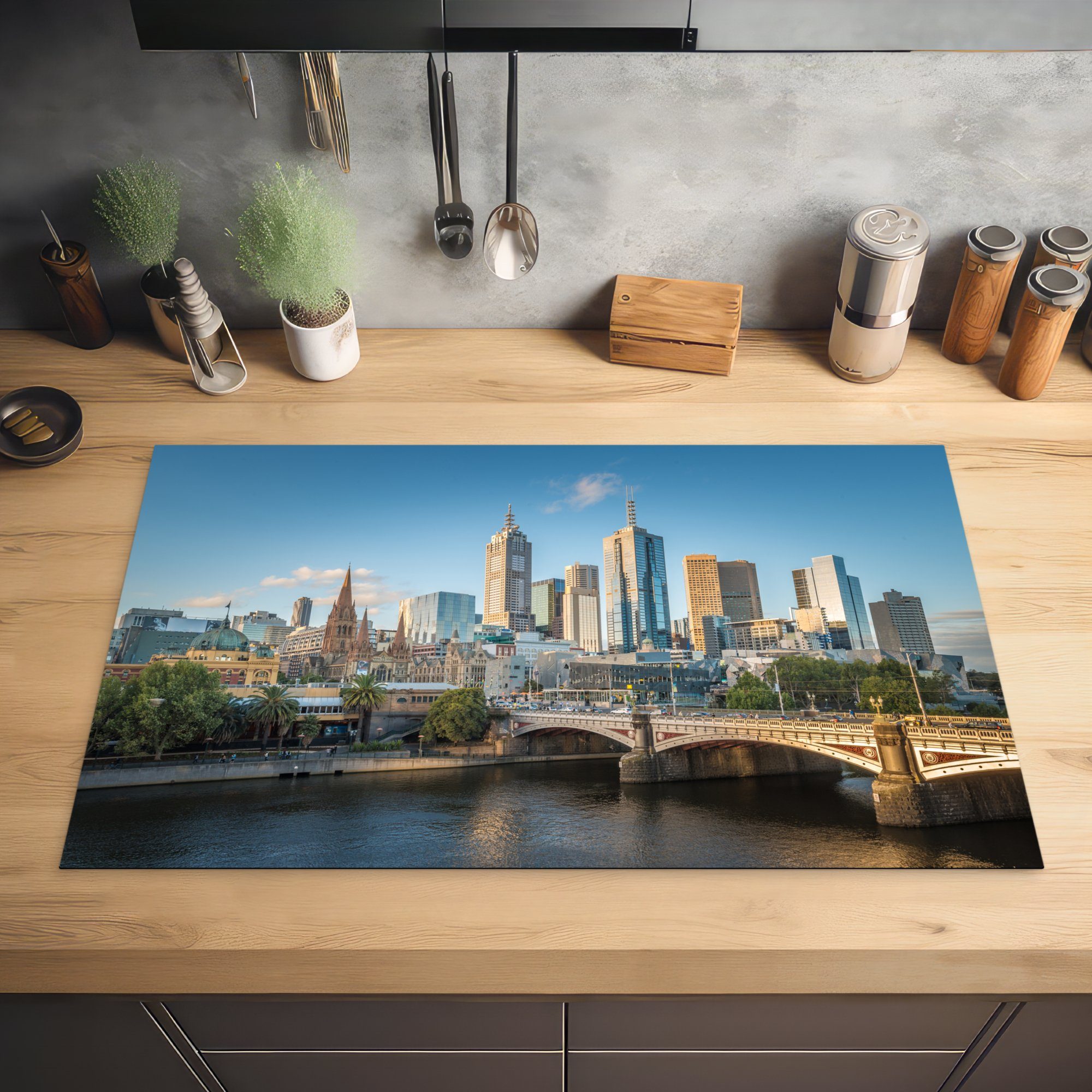 von Stadtsilhouette 83x51 in cm, tlg), für Arbeitsplatte Herdblende-/Abdeckplatte Ceranfeldabdeckung, küche Australien, Melbourne MuchoWow (1 Vinyl,