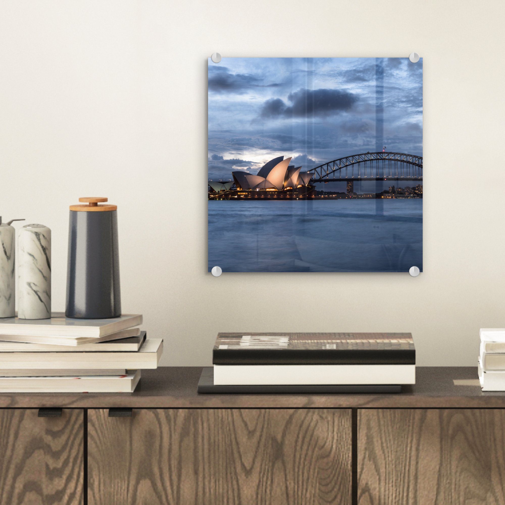 Glas Sydney Glas Wanddekoration (1 - von auf Opernhaus in auf Das MuchoWow - Foto - Glasbilder Bridge Acrylglasbild Wandbild Bilder Sydney und Harbour die Australien, St),