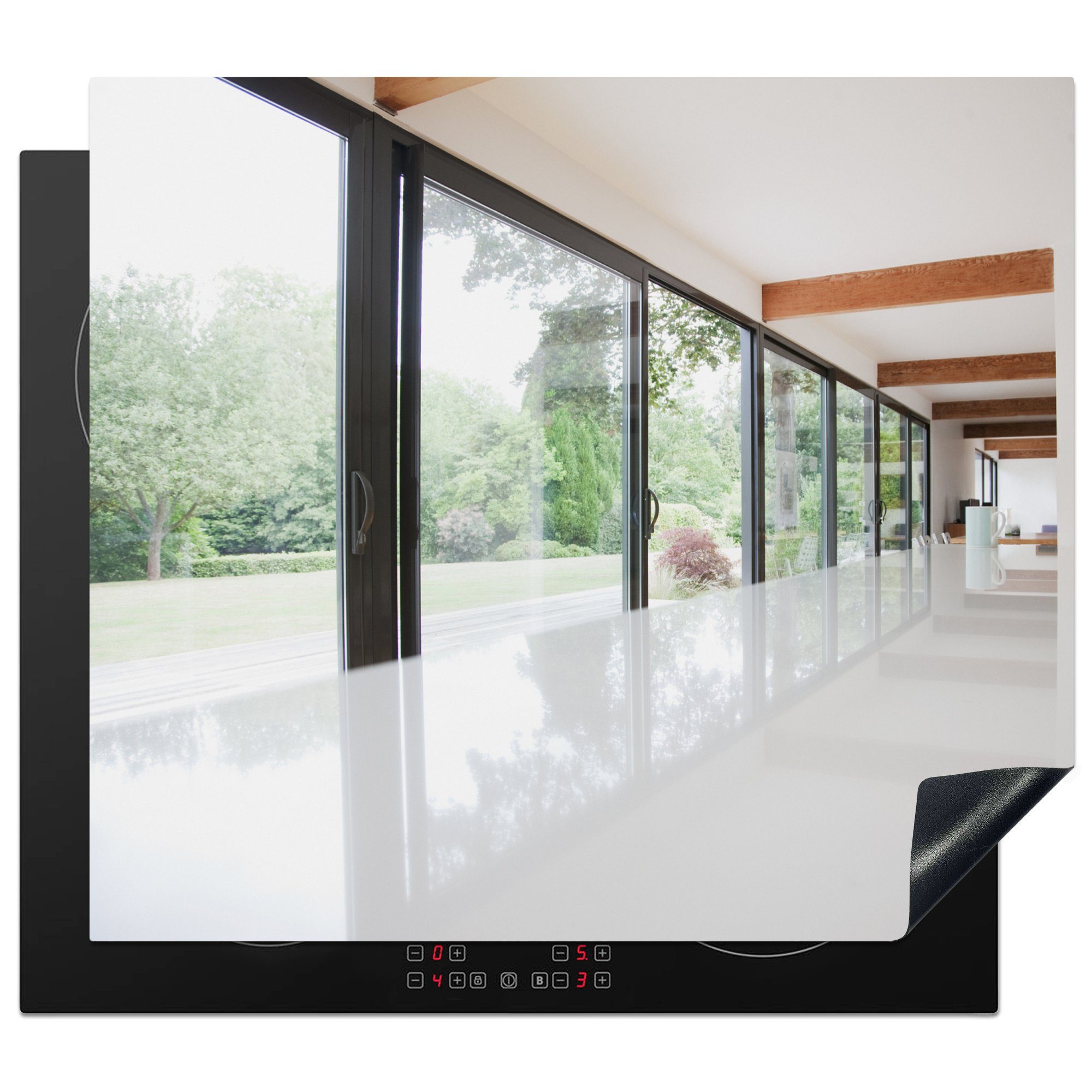 MuchoWow Herdblende-/Abdeckplatte Moderne Küche und Glasfenster, Vinyl, (1 tlg), 60x52 cm, Mobile Arbeitsfläche nutzbar, Ceranfeldabdeckung
