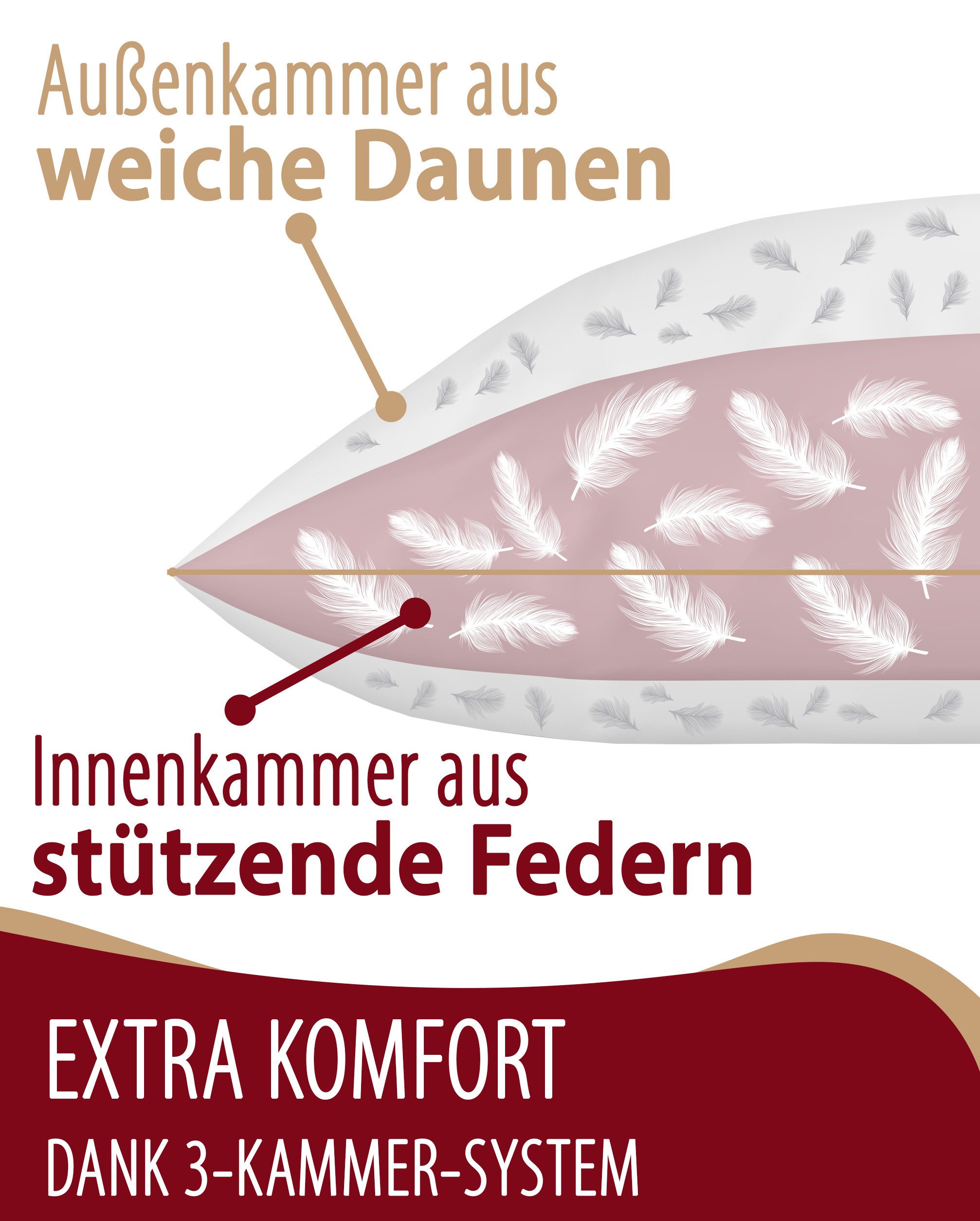 EVAN BROWNS 3-Kammer-Kopfkissen Daunenkissen für Allergiker 90% Daunen Ergonomisches Kopfkissen, Füllung: 90% Daunen, 10% Federn, Seitenschläfer, Bauchschläfer, Rückenschläfer, 3-Kammer-Kopfkissen 40x80 Daunen Federn Made in Germany