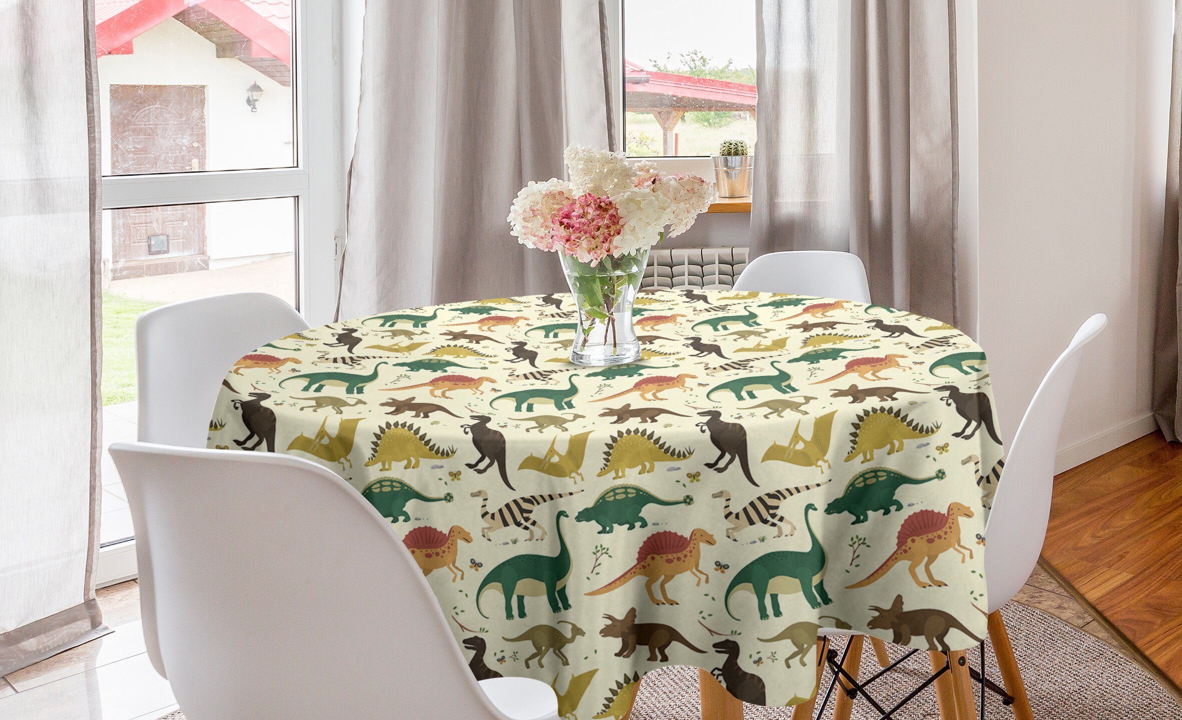 Abakuhaus Tischdecke Kreis Tischdecke Abdeckung für Esszimmer Küche Dekoration, Dinosaurier Jurassic Cartoon Animals