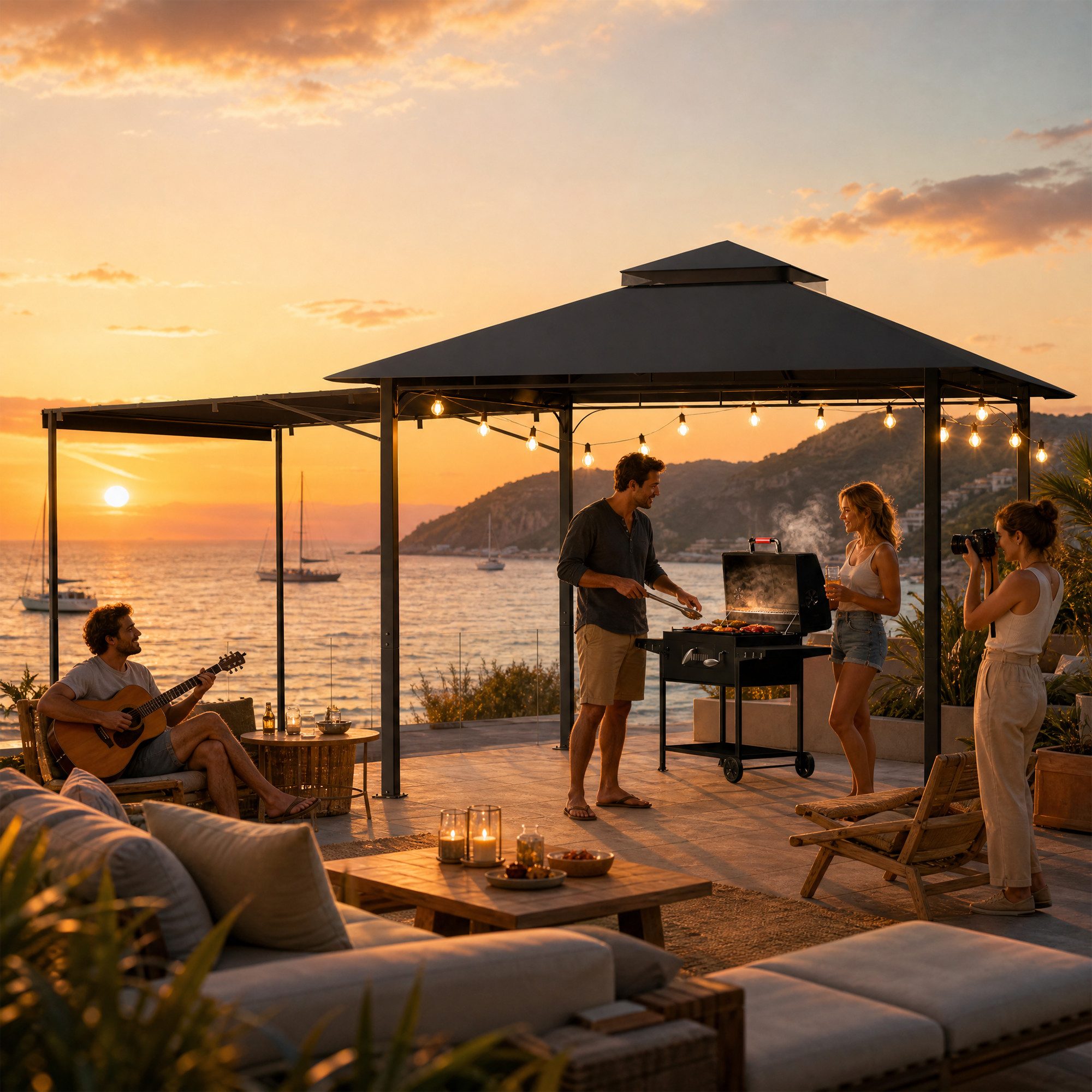 HOMALL Pavillon Extend Grillpavillon, mit 1.8m ausklappbarer Seitenveranda, mit 4 Seitenteilen, (Ausziehbarer Seitenmarkise flexibel verstellbare Schattenflächen), Verstellbarer Pavillon 3–4,7 m, mit Moskitonetz für 6-10 Personen