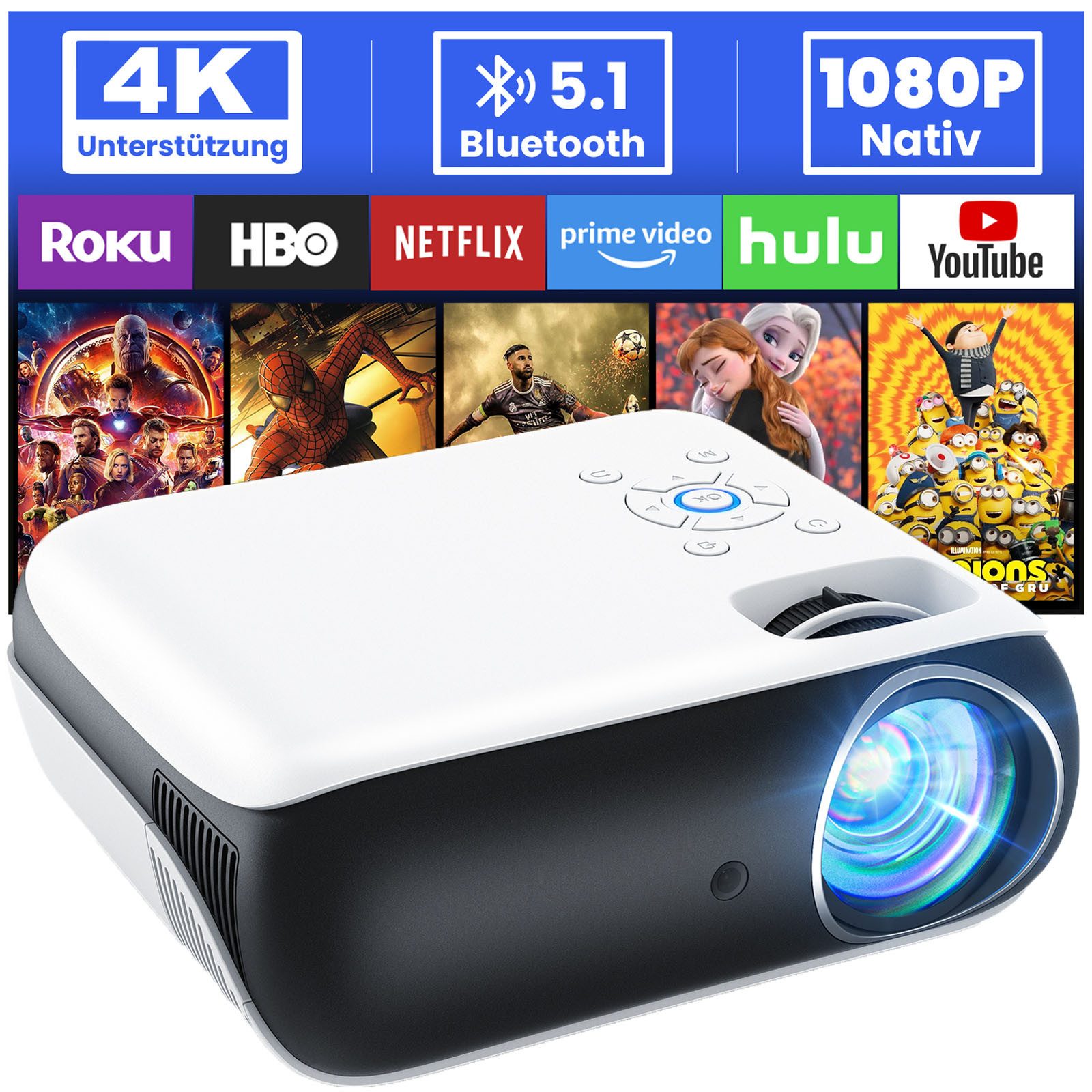 Full HD 1080P Beamer, tragbarer Bluetooth 4K-Projektor Beamer