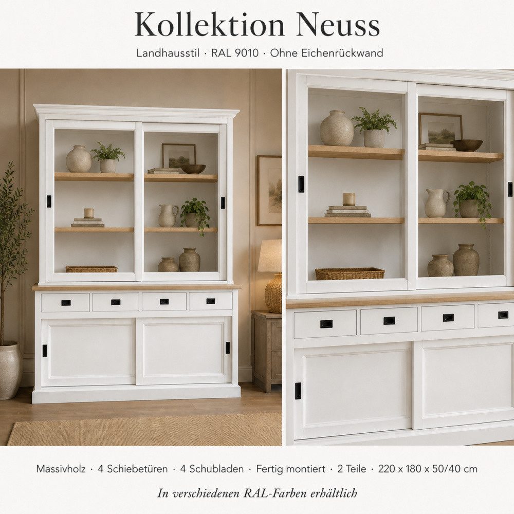 Wohnpalast Vitrine Vitrinenschrank Neuss 180 cm weiß mit Eiche – Landhaus Schrank