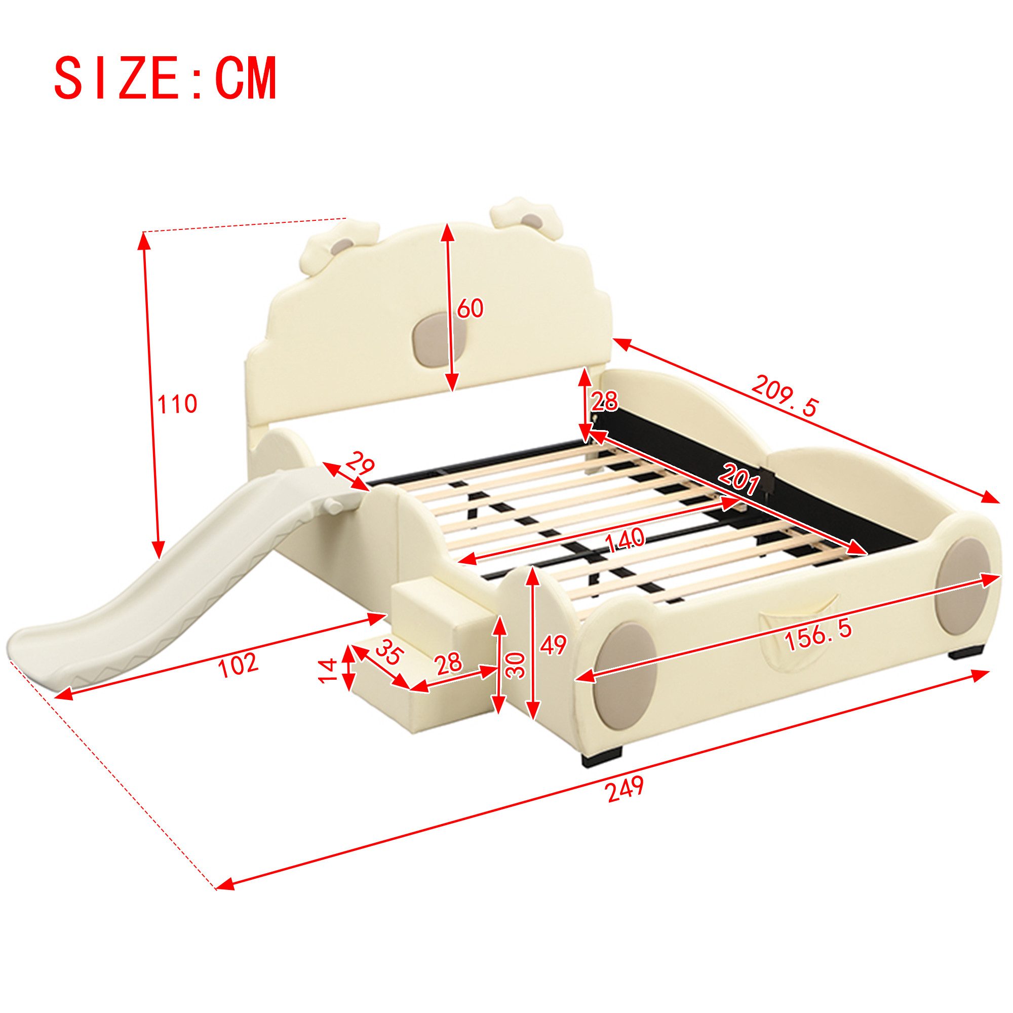 OKWISH Children's Bed Cartoon Bear Bed 140x200 cm with LED & Slide (Cartoon bed in bear design, with sturdy MDF frame and slatted base, Made of sturdy MDF frame, incl. fixed ladder & slatted base), Mattress not included – for magical play and dream nights in the children's room