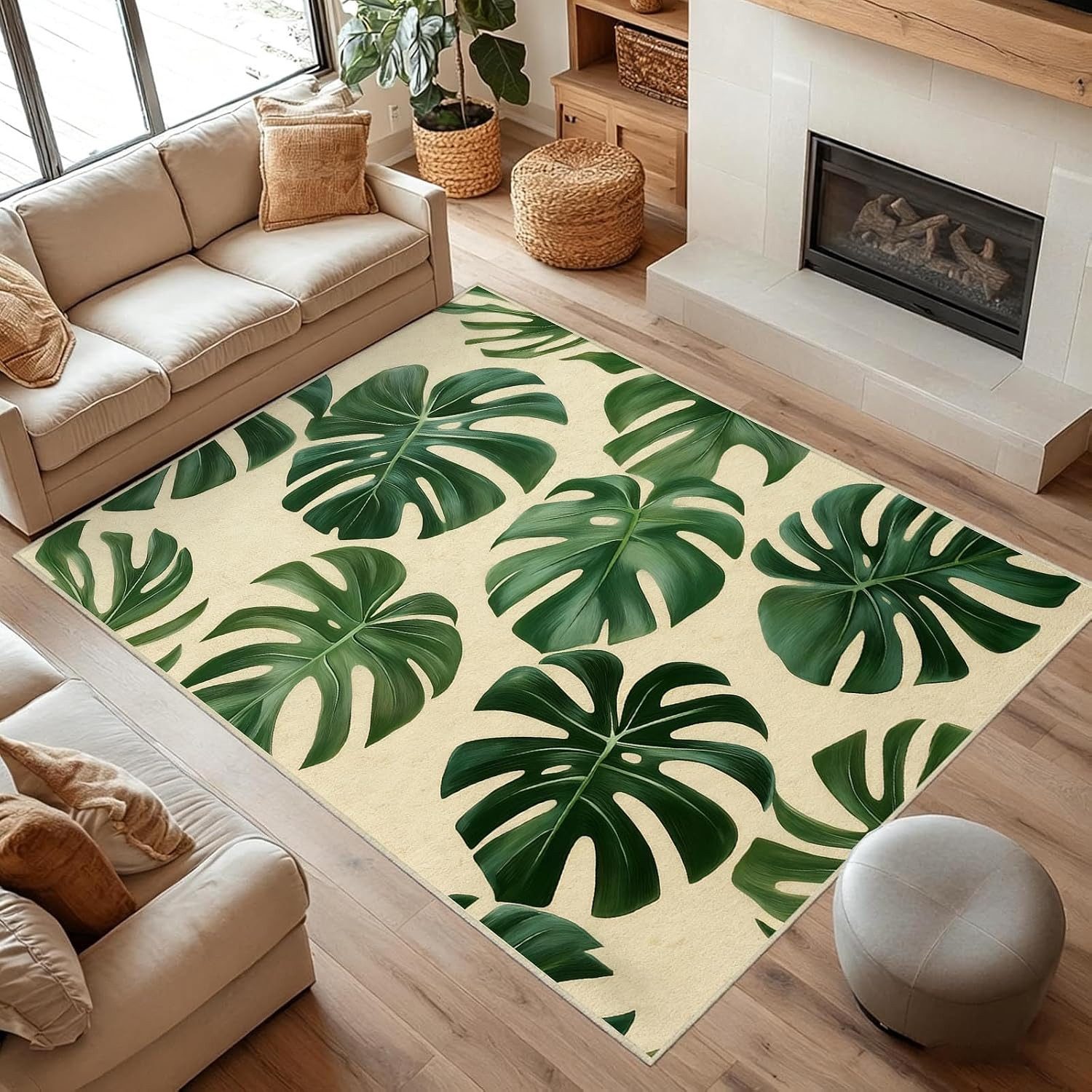 Jumpeak Teppich Teppich mit Monstera‑Blatt Motiv, tropisches Pflanzen‑Design, Rechteckig, Höhe: 5 mm, rutschfest, weich für Wohn‑ und Schlafzimmer