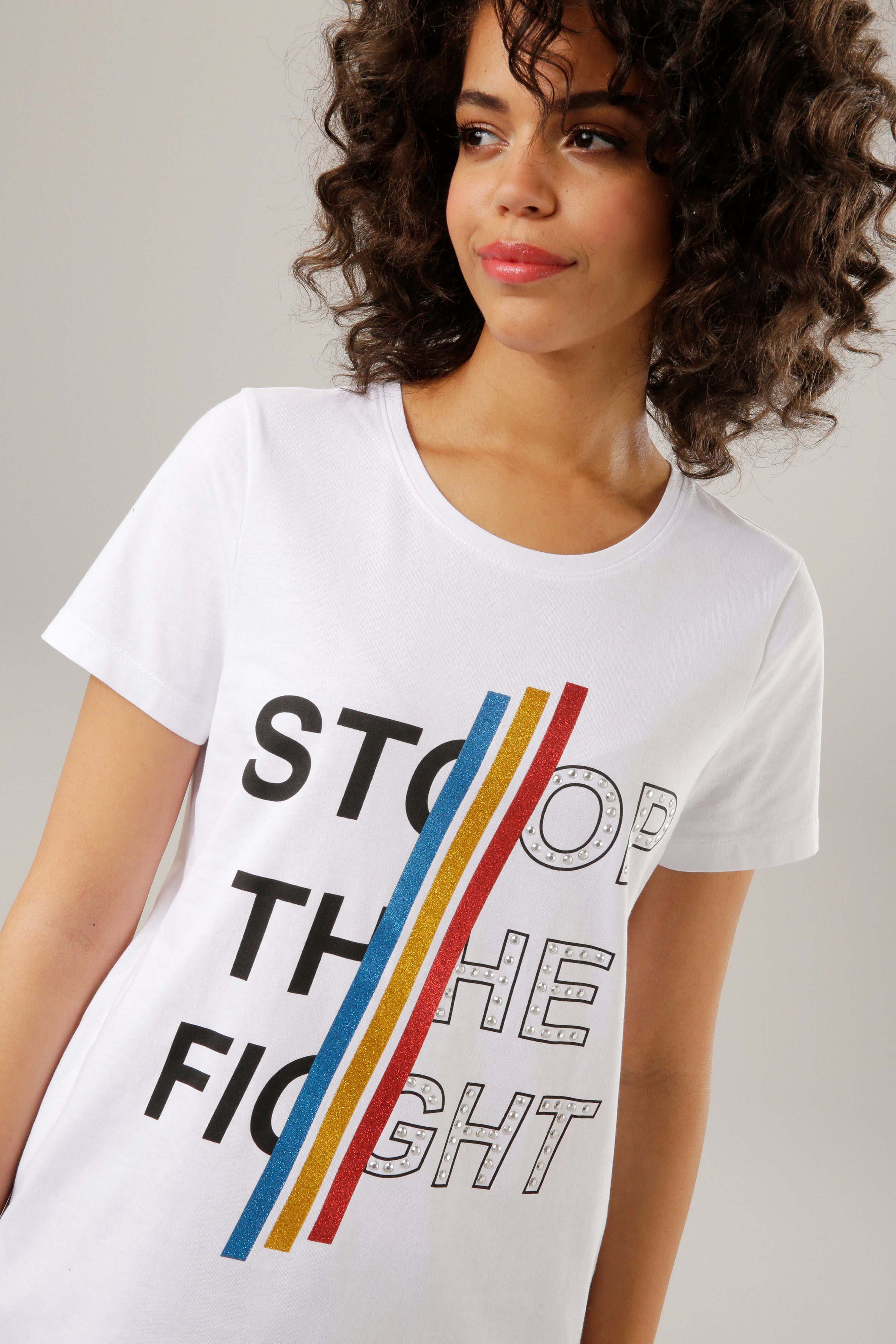 Aniston CASUAL Schriftzug Print-Shirt und bunten Nieten Glitzerstreifen, mit
