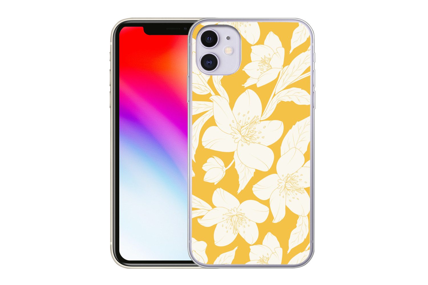 MuchoWow Handyhülle für Apple iPhone 11 Blumen - Muster - Gelb - Weiß, Smartphone-Bumper, Print, Handy Schutzhülle Dünn