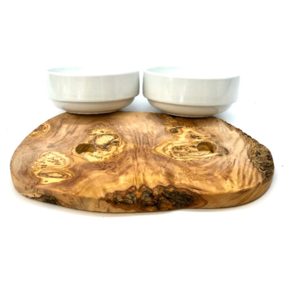 Olivenholz-erleben Futterstation 2-in-1 Futterschale & Trinknapf RUSTY Olivenholz mit 2x 0,4 l Schalen, Porzellan, Rustikal & edel – echtes Olivenholz kombiniert mit weißem Porzellan