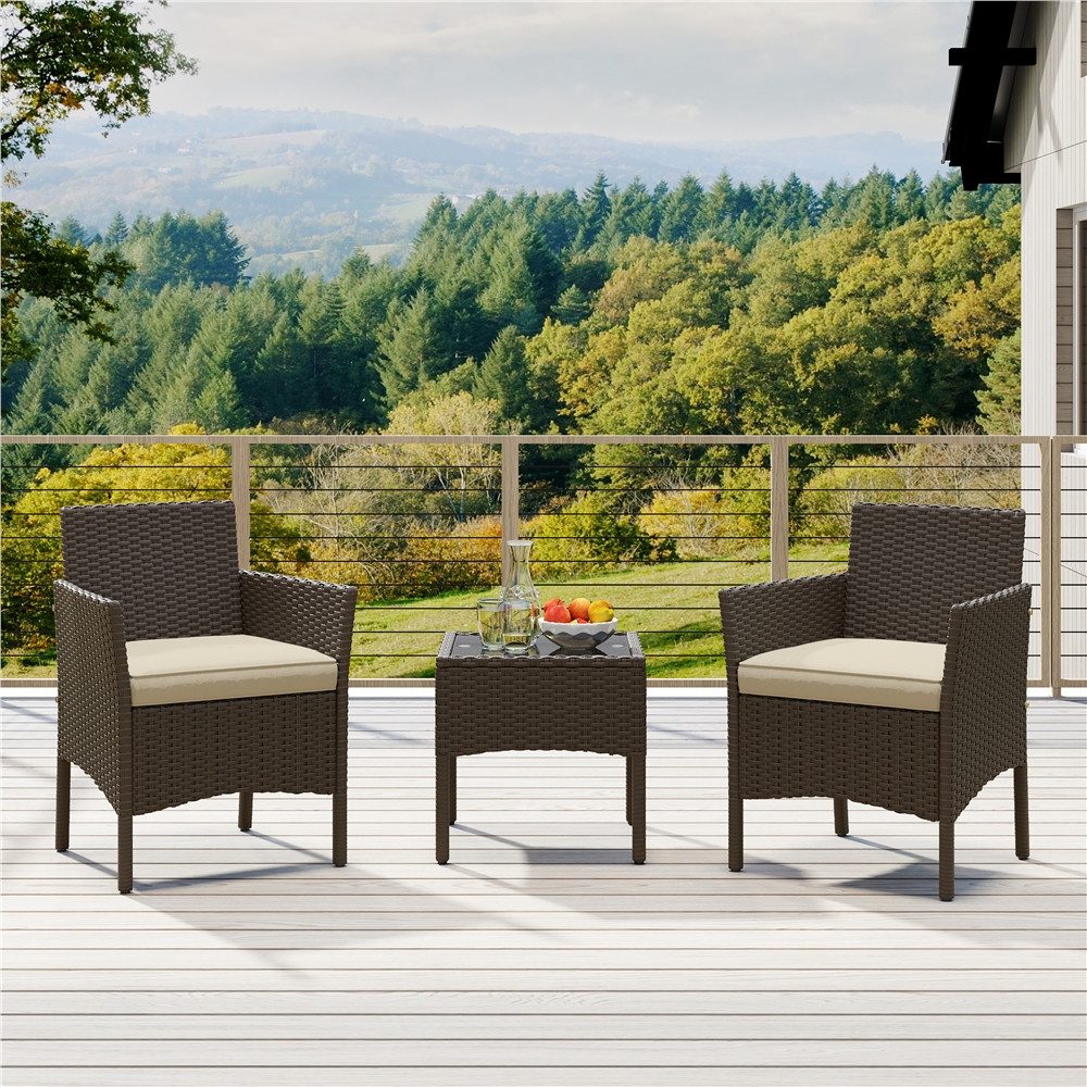 Yaheetech Balkonset Gartenmöbel-Set 3-Teilig in Rattanoptik für 2 Personen, Gartengarnitur inkl. 2 Stühle mit Kissen & Tisch mit Hartglasplatte