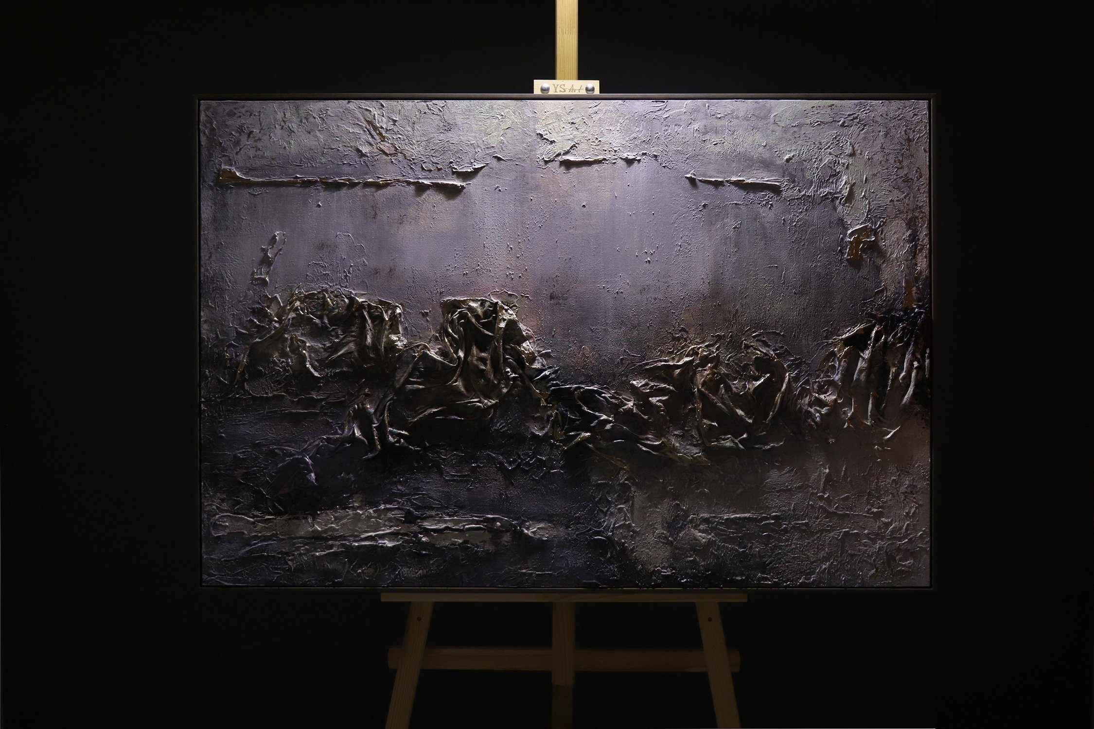 Handgemalt Gemälde Bild Gold YS-Art Abstraktes mit Rahmen Leinwand Schwarz Trugschein,