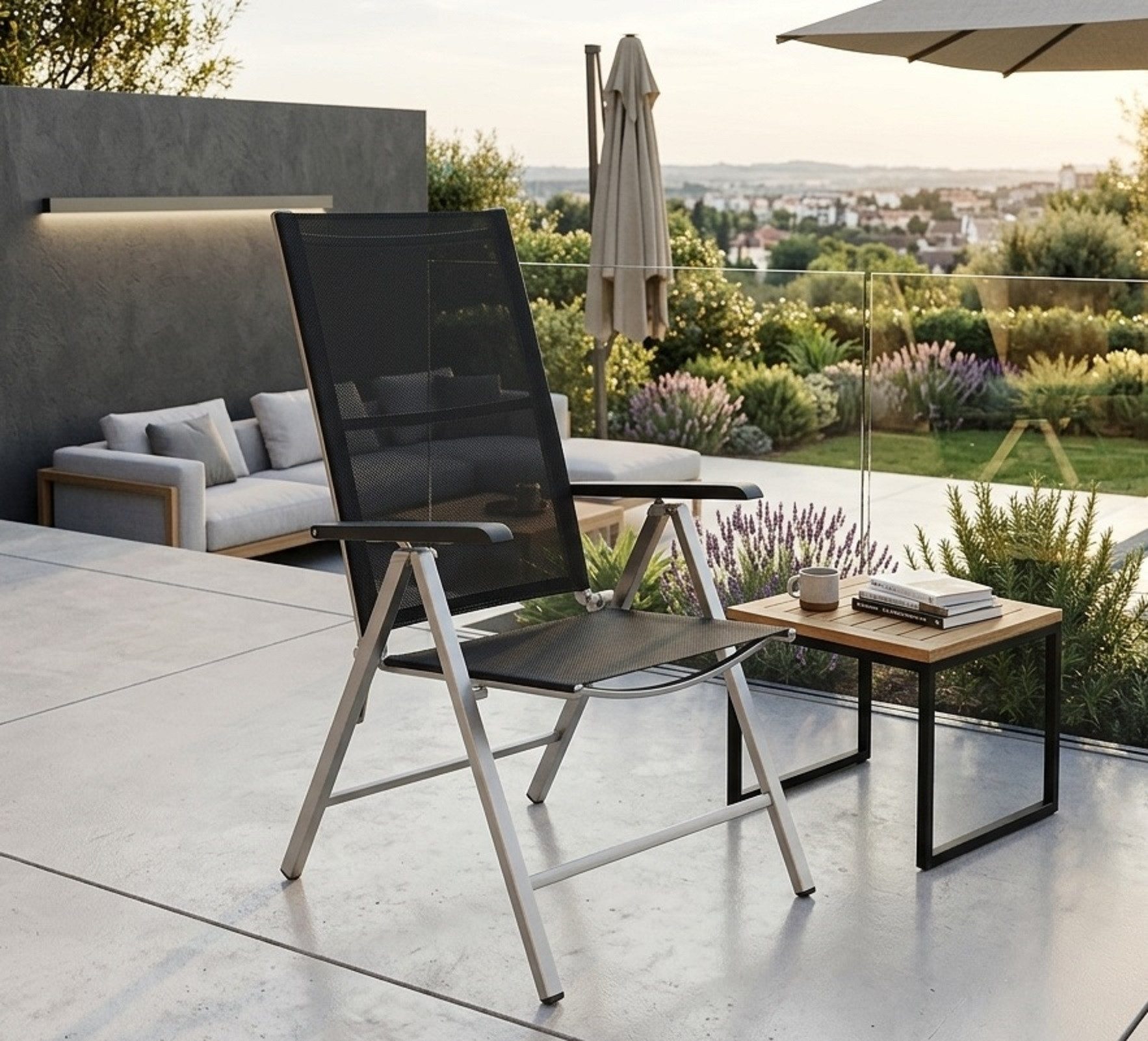 Fritz Müller Metallwarenfabrik GmbH Gartenstuhl Meran schwarz Edelstahl Klappstuhl (1 Klappsessel), klappbar / wetterfest / 120 kg Tragkraft