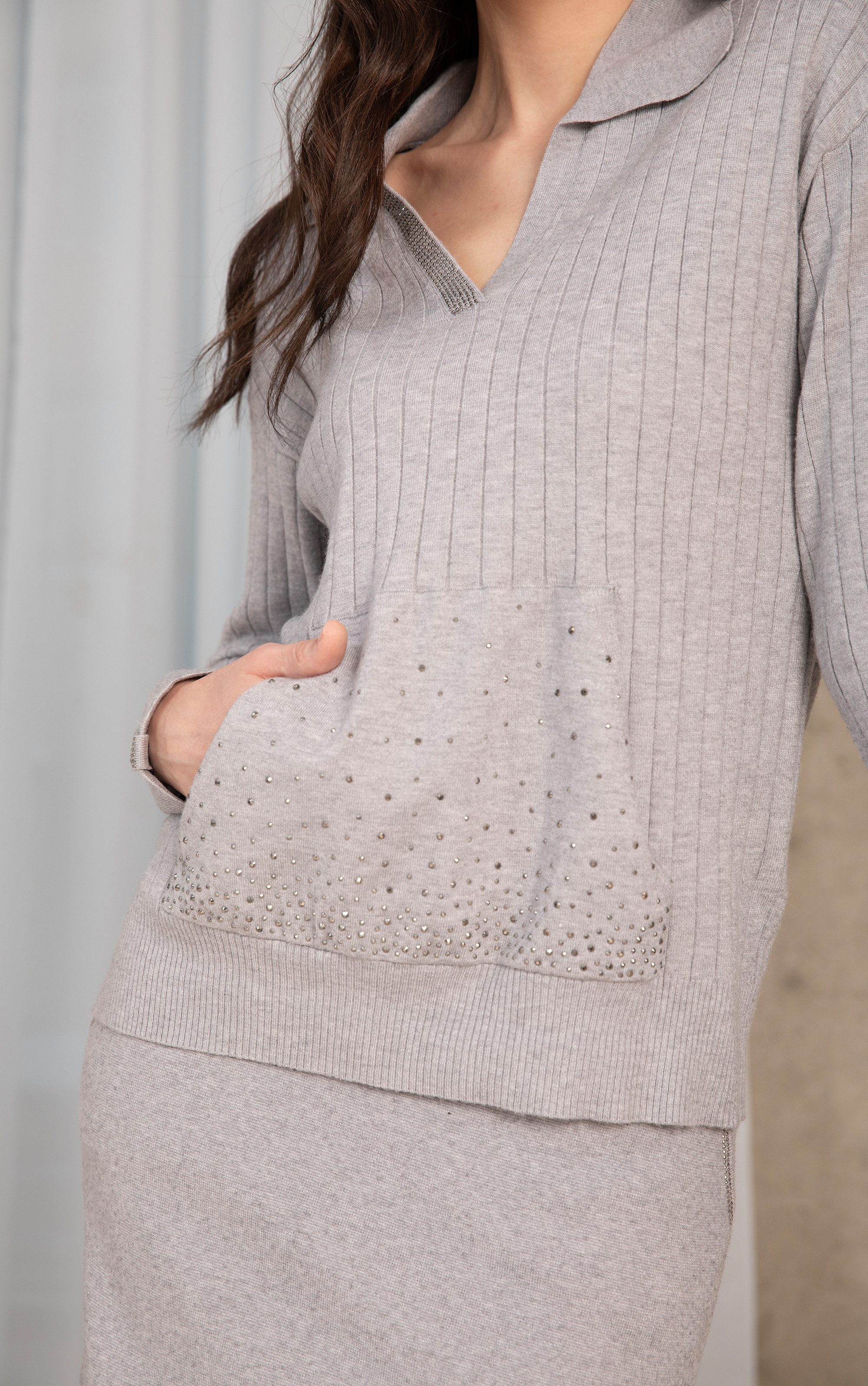 Passioni Strickpullover mit lockerer Passform, Kragen, Strassdetails und Vo günstig online kaufen